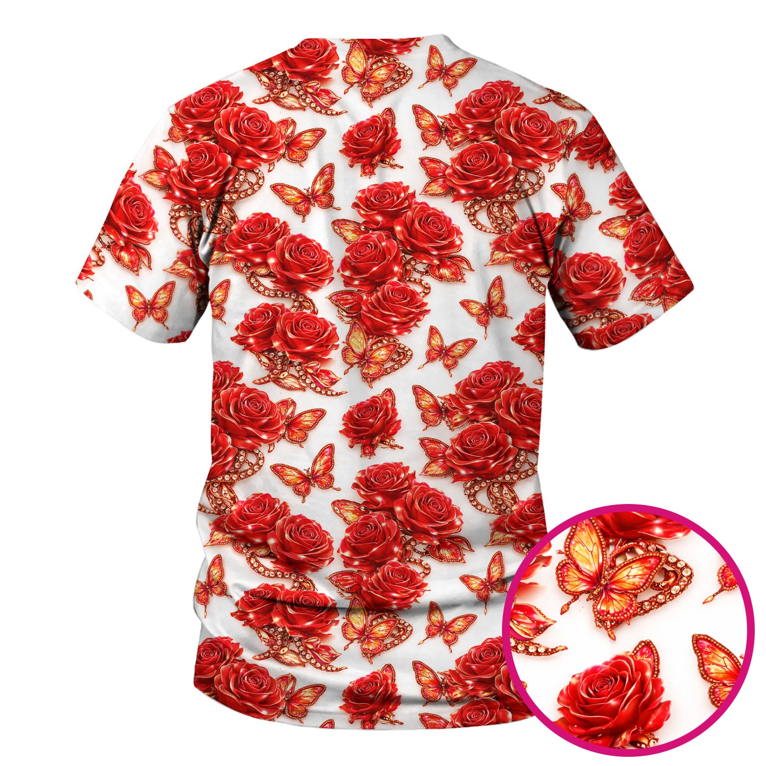 Red Rose and Butterfly Pattern Scrub Top, Comfortable Scrubs for Nurses