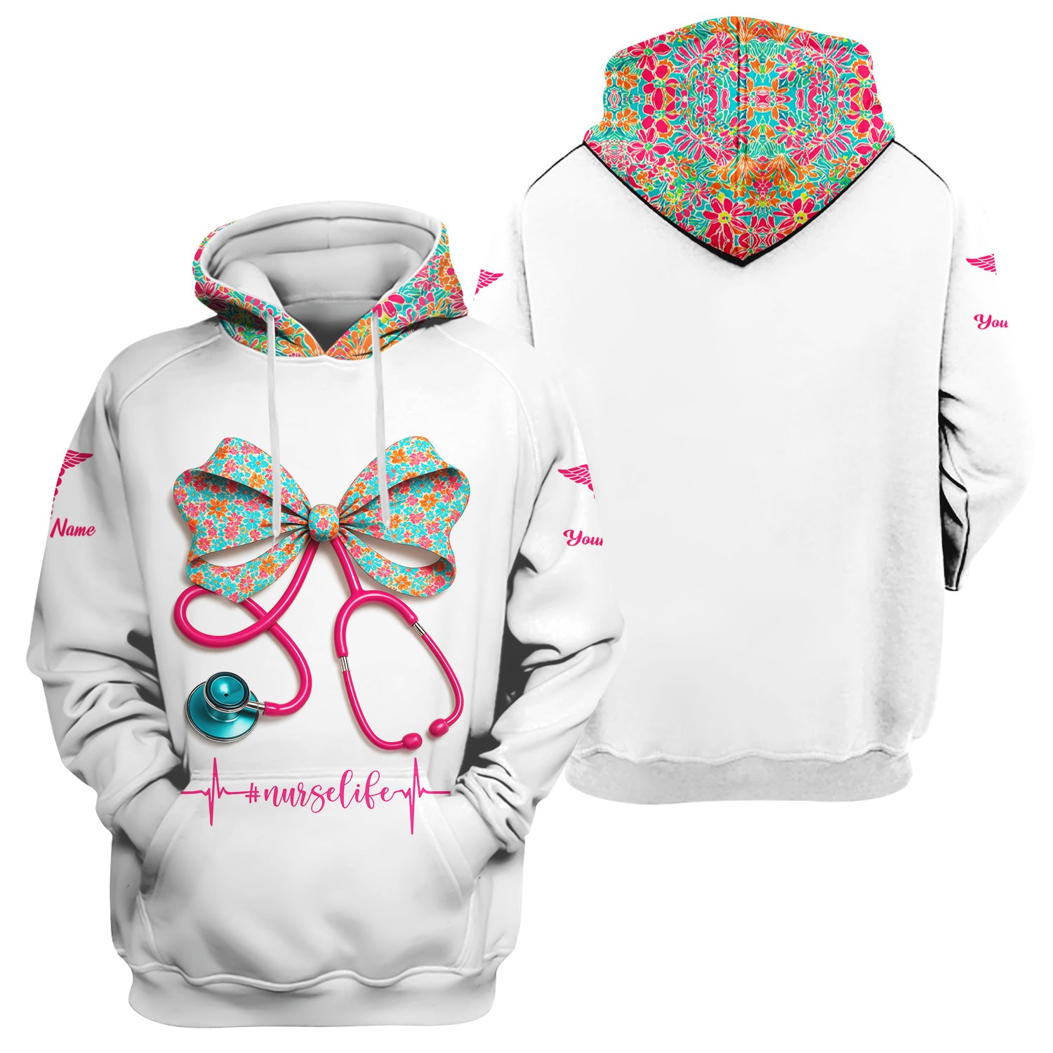 Custom Name Floral Bow Nurse Life Shirt - Cute Stethoscope Design with Heartbeat Graphic - Gift for RN LPN CNA Medical Staff