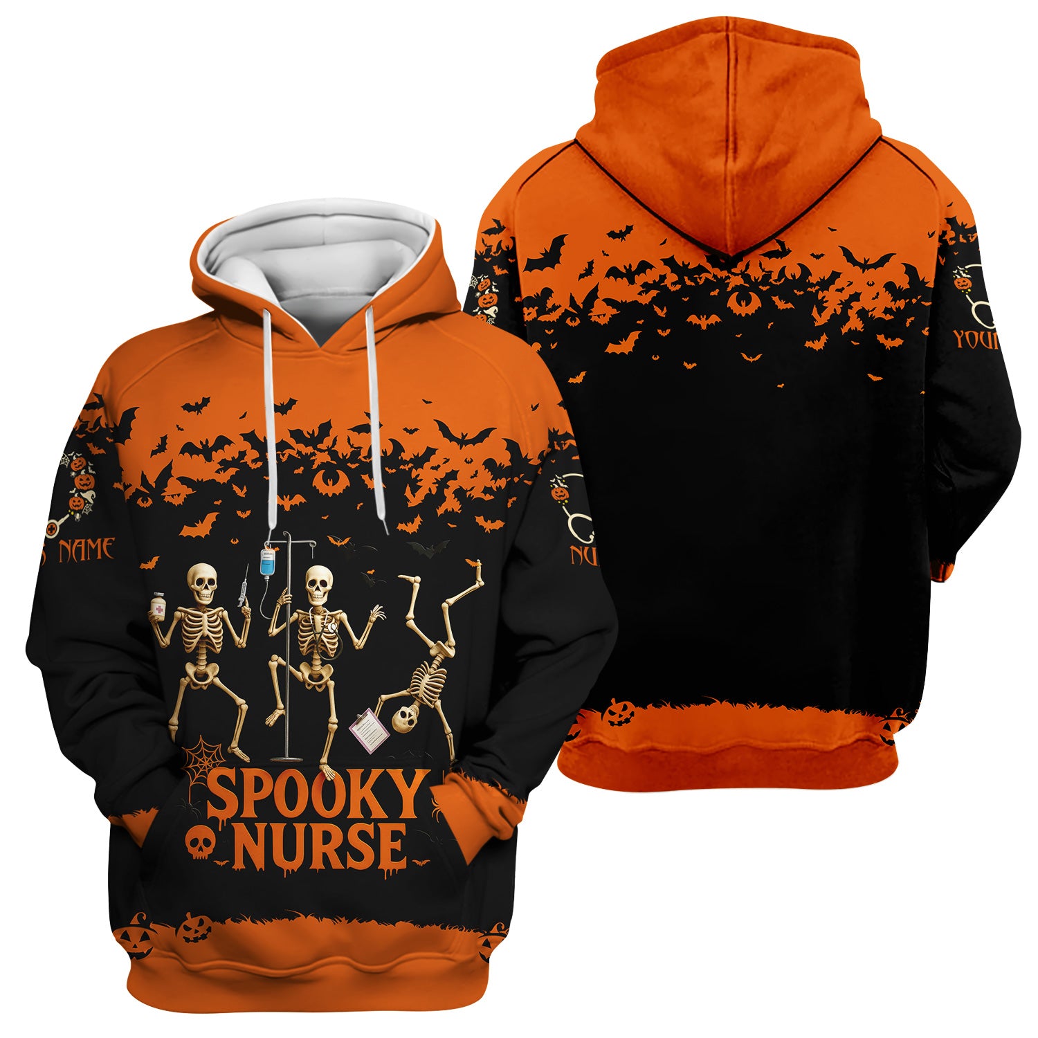 Spooky Nurse Halloween Shirt - Funny Skeleton Medical Scrub Top for RN CNA - Custom Name All Over Print Gift for Nurses
