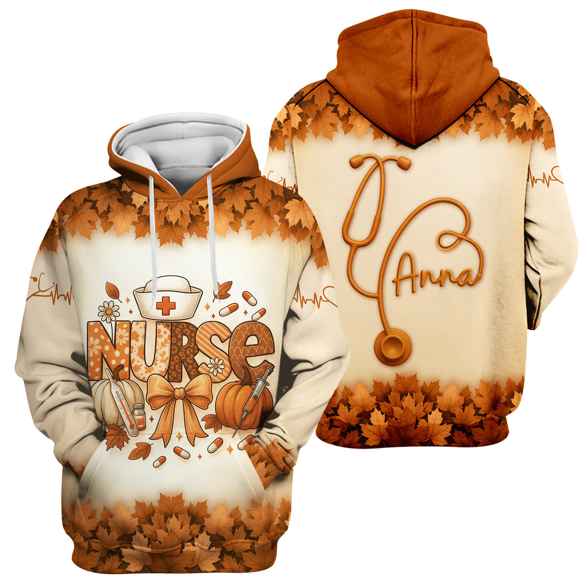 Fall Leaves Nurse Scrub Top with Pumpkins - Personalized Autumn Shirt with Custom Name - Cute Thanksgiving Gift for RN CNA LPN