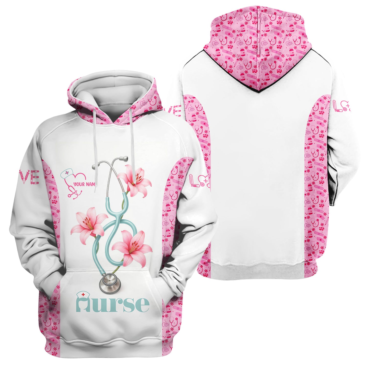 Personalized Nurse Scrubs - Pink Floral Stethoscope Design with Name Customization - Gift for RN, CNA, LPN