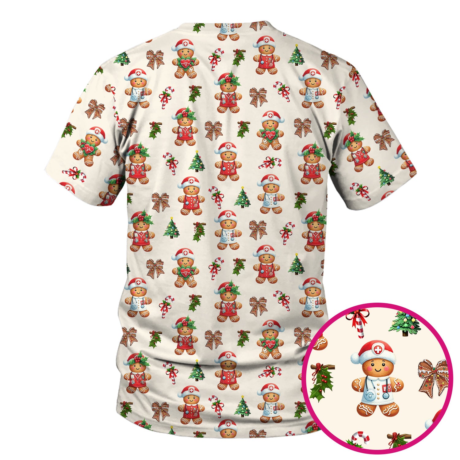 Funny Gingerbread Christmas Scrub Top - Cute Cookie with Bow Shirt - Festive Holiday Scrubs for Women