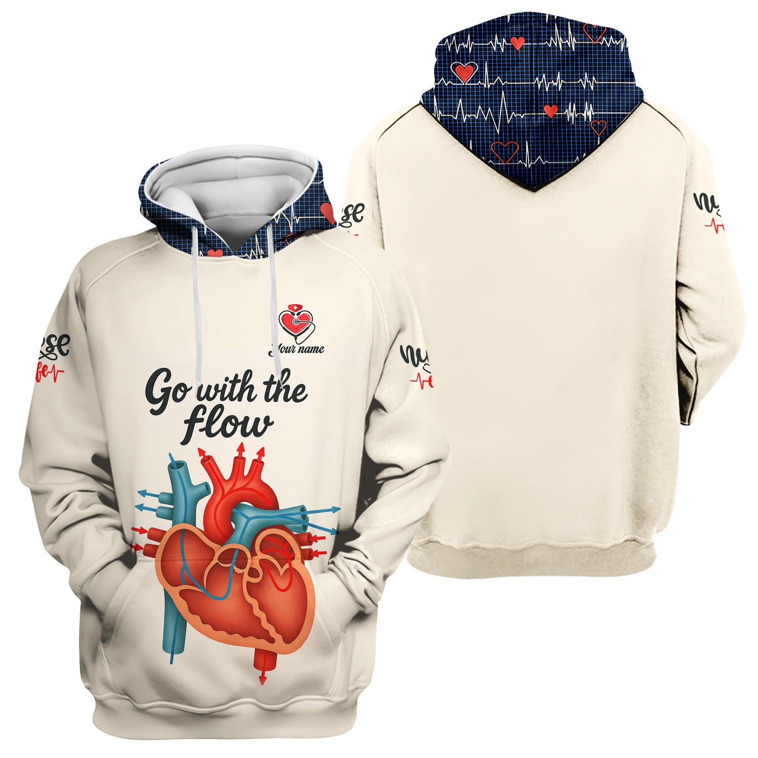 Funny Nurse Shirt for Women RN LPN CNA - Go With The Flow Heart Anatomy Design - Custom Name Gift for Healthcare Workers, Cardiologists, ICU & ER Staff