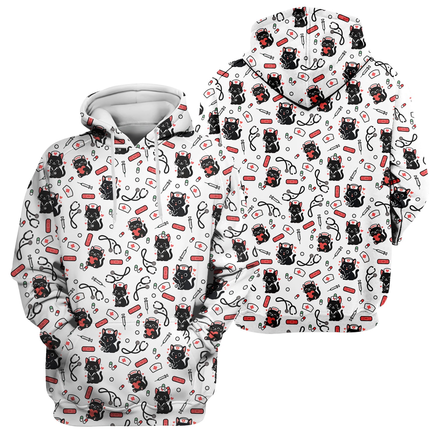 Cute Black Cat Nurse Scrub Top for Women - Medical Uniform Shirt with Stethoscope & Pill Print - Gift for CNA, LPN, Medical Worker