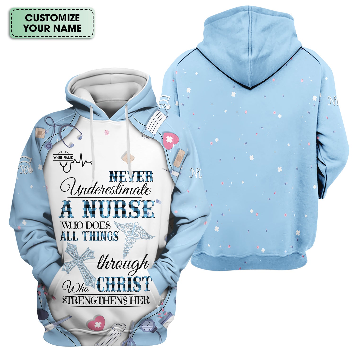 Personalized Nursing Faith Scrub for Women - Bible Verse All Things Through Christ - Religious Gift for Healthcare Professionals RN LPN CNA