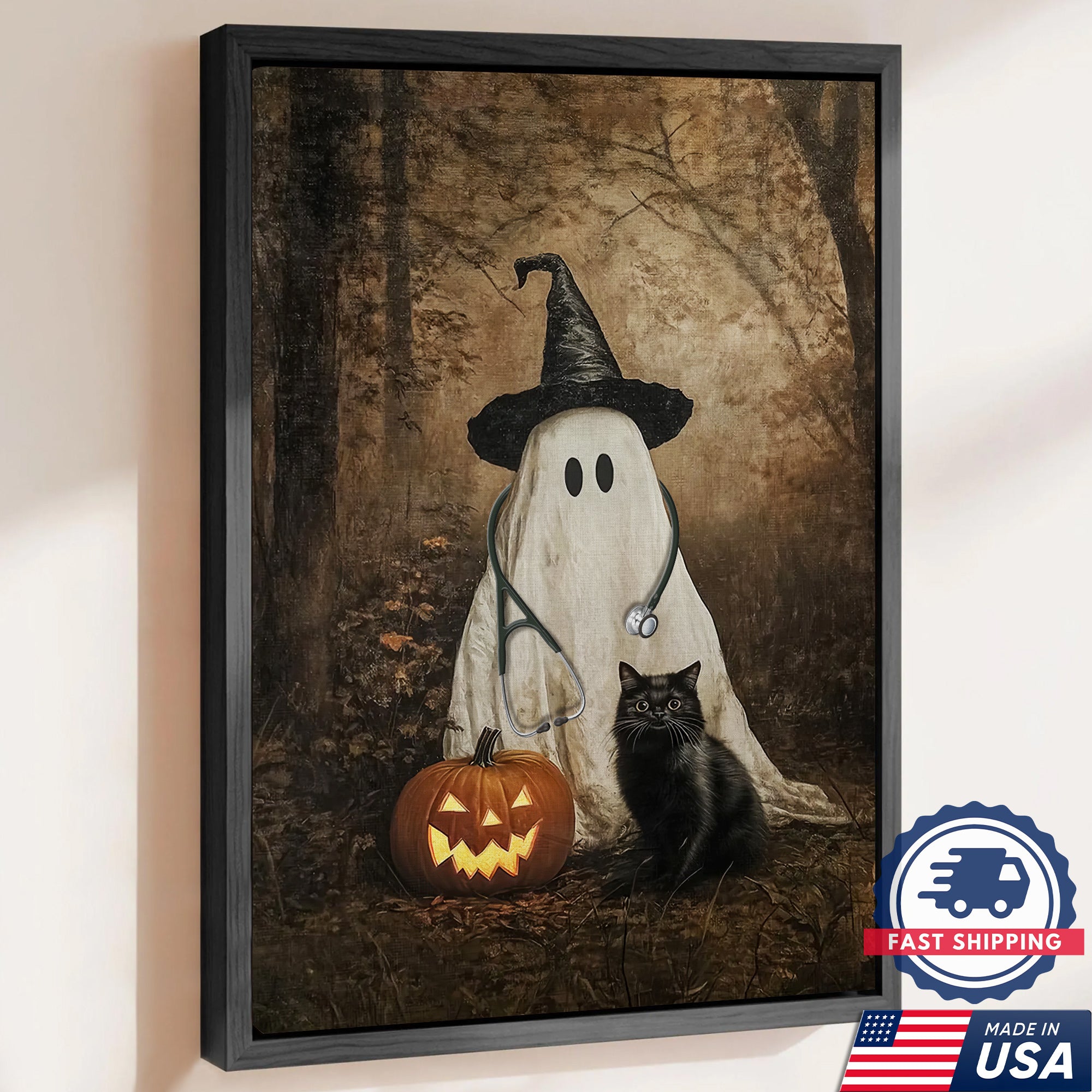 Halloween Nurse Ghost Canvas, Spooky Pumpkin Black Cat Wall Art, RN LPN CNA Gift