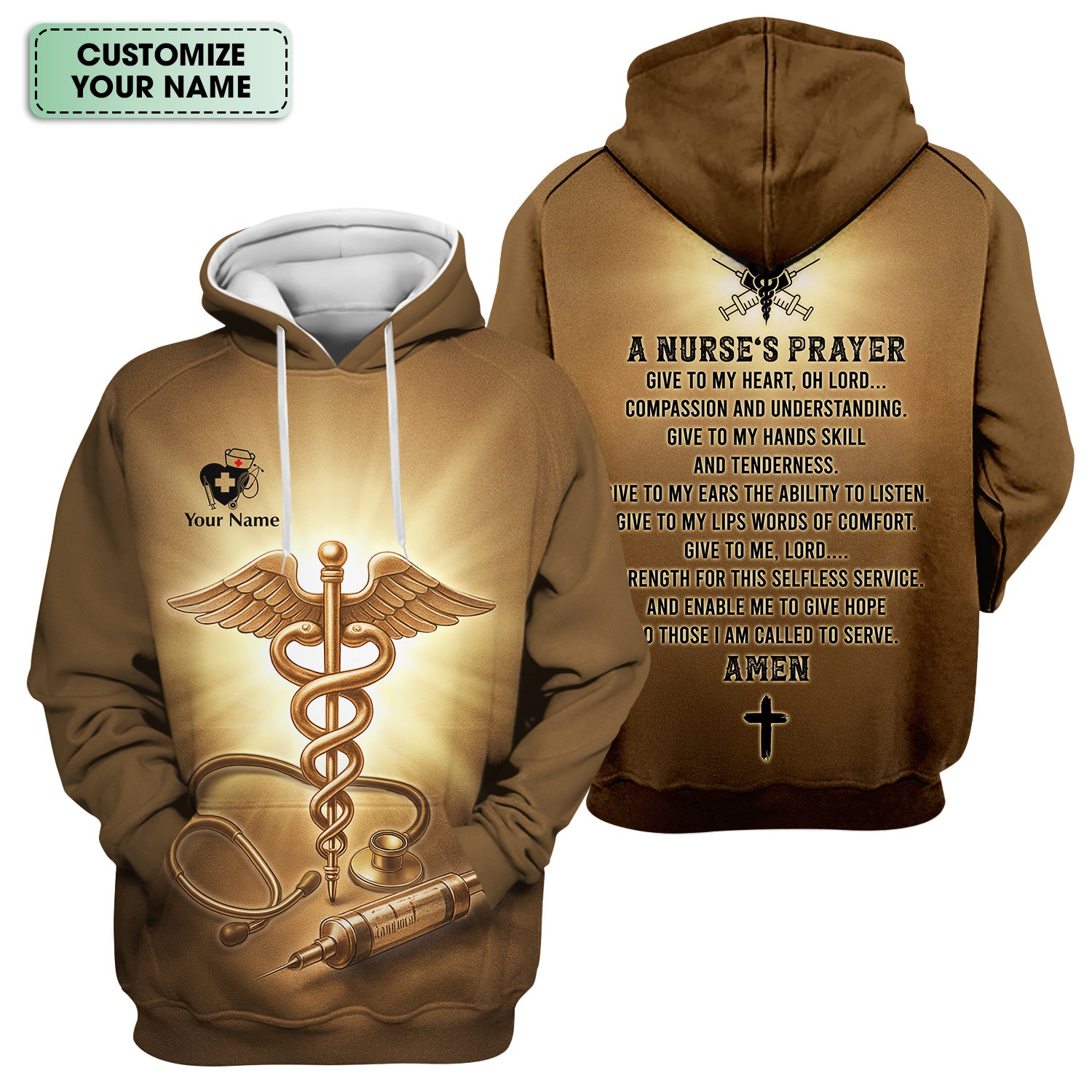Personalized Christian Nurse Prayer Shirt - A Nurse's Prayer & Caduceus Symbol Graphic Tee - Gift for RN LPN CNA