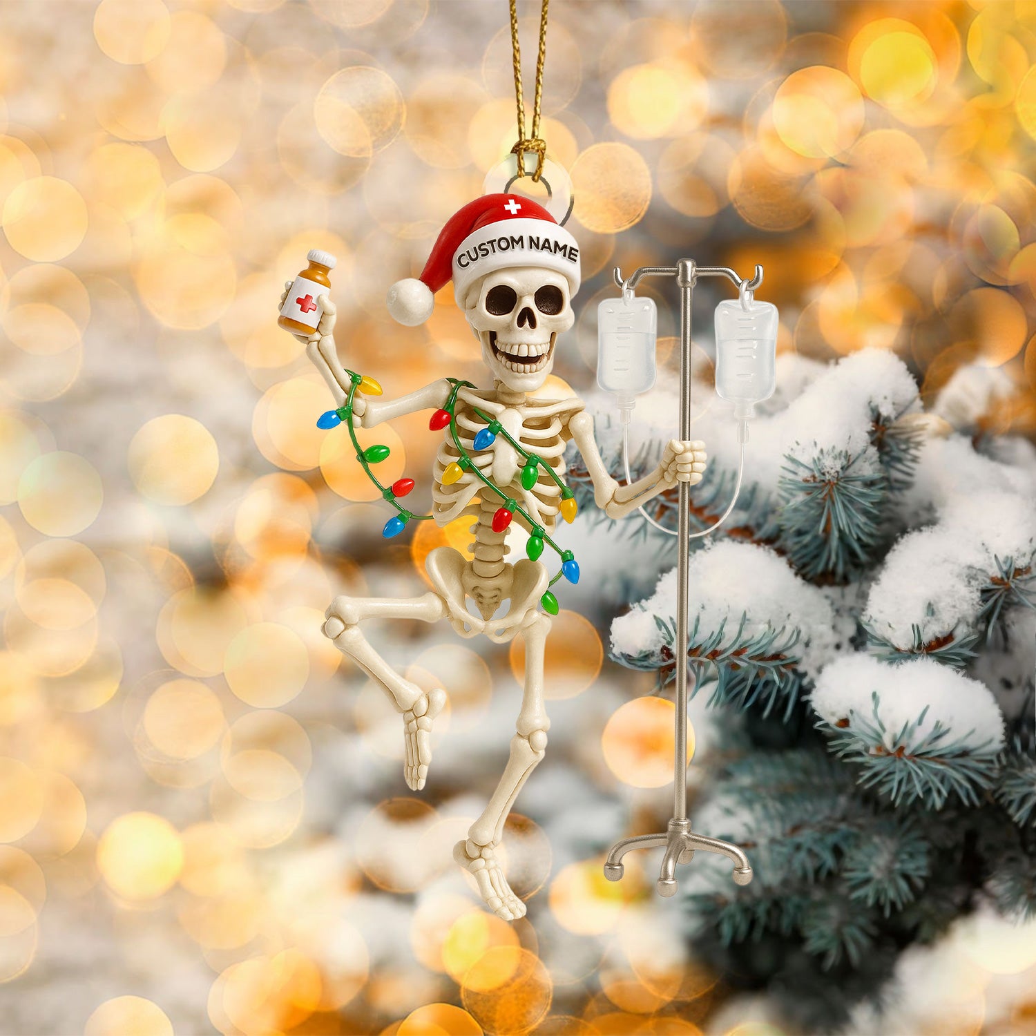 Personalized Skeleton Nurse Christmas Ornament – Funny Medical IV Pole Holiday Decor – Custom Name Dancing Skeleton Tree Ornament for Nurses & Healthcare Workers