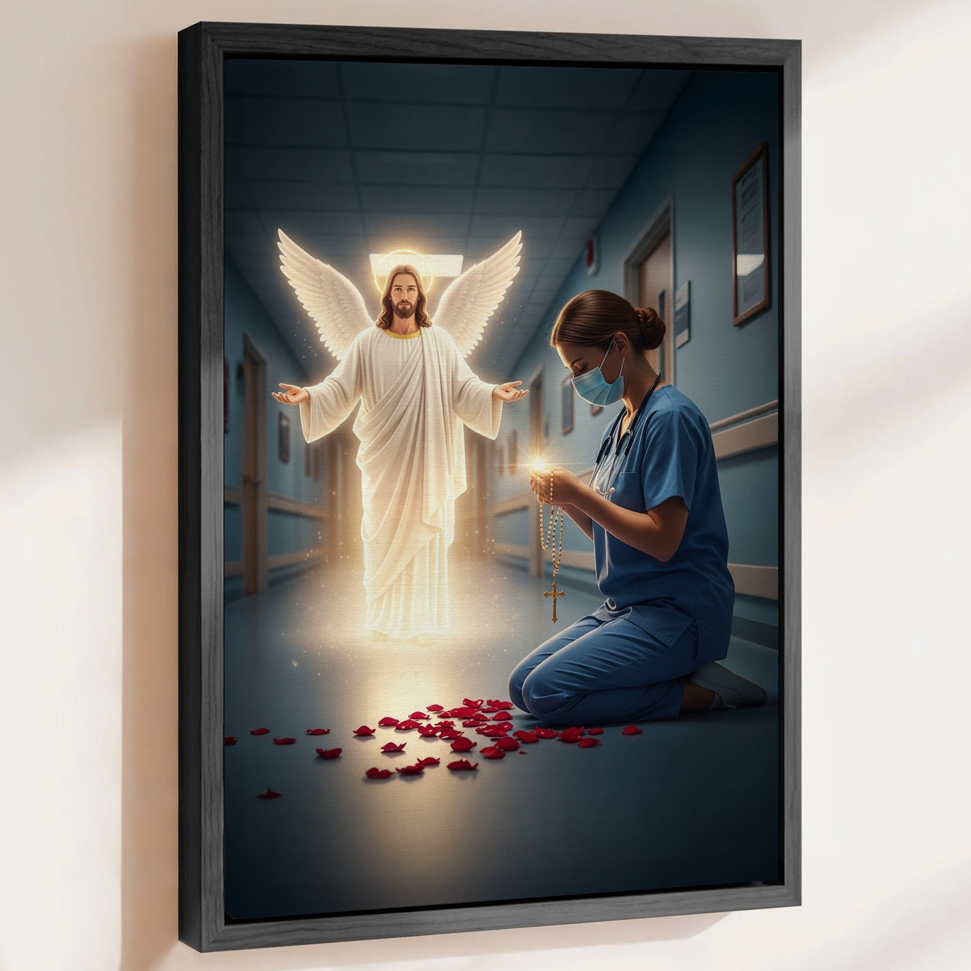 Christian Nurse Praying Canvas, Jesus Christ Angel and Nurse with Rosary Wall Art, RN LPN CNA Gift