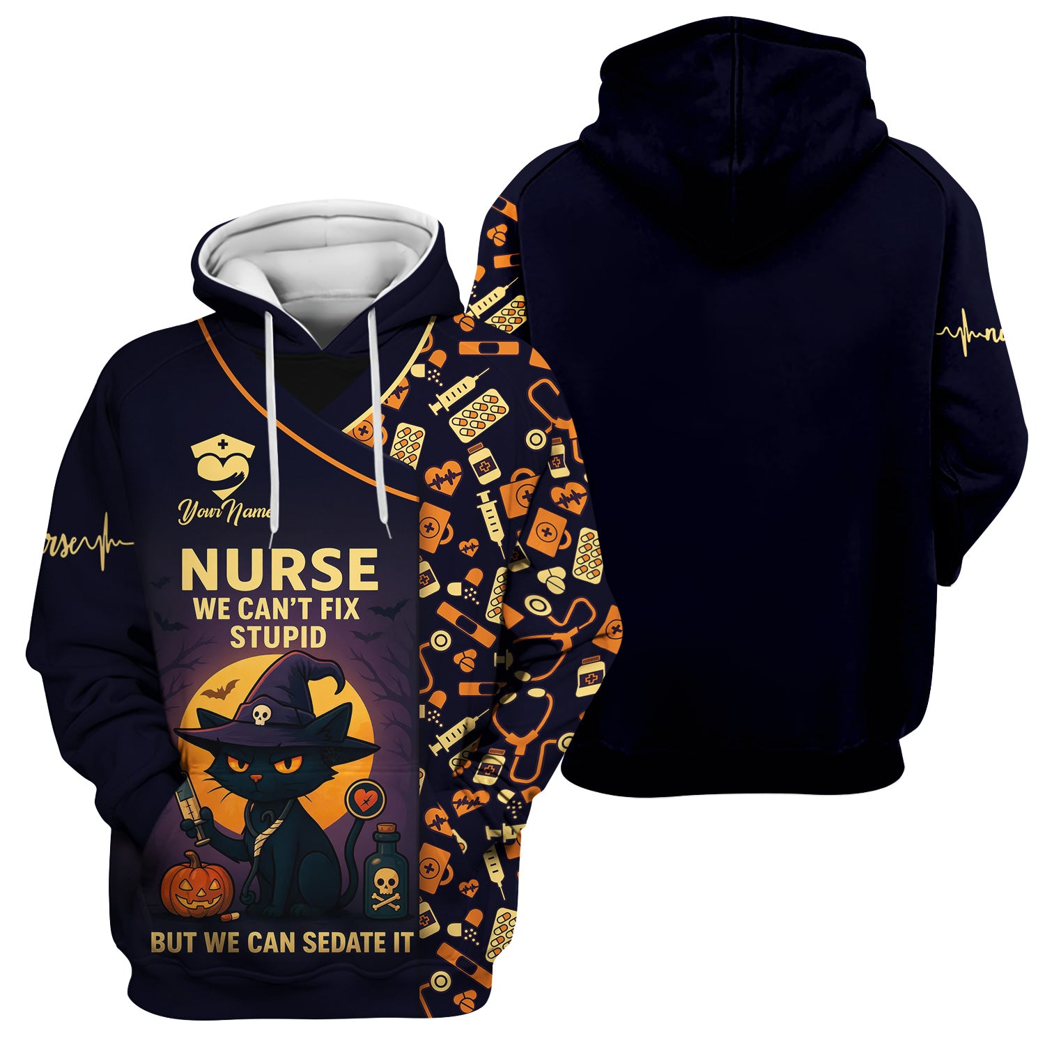 Personalized Halloween Nurse Scrub Top - We Can’t Fix Stupid Black Cat Quote - Gift for RN CNA LPN