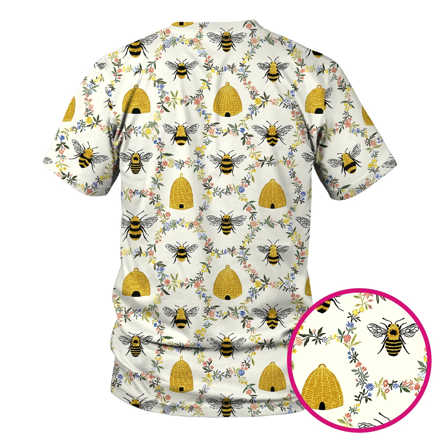 Honey Bee Beehive Floral Pattern Scrub Top, Comfortable Scrubs for Nurses