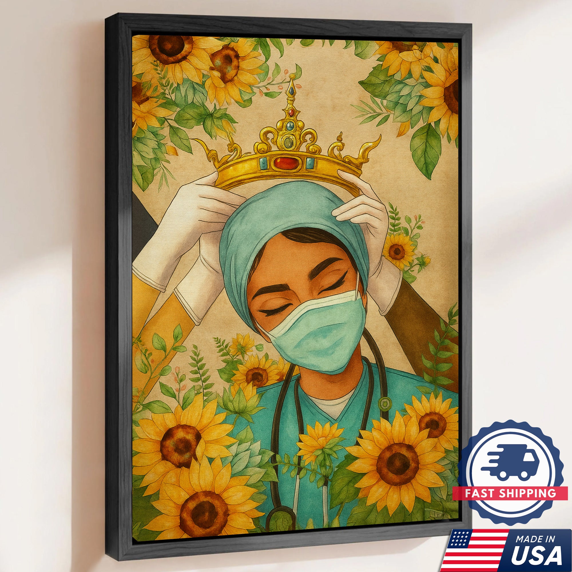 Nurse Crown Canvas Wall Art, Inspirational Healthcare Worker Gift, Sunflower Medical Office Home Decor