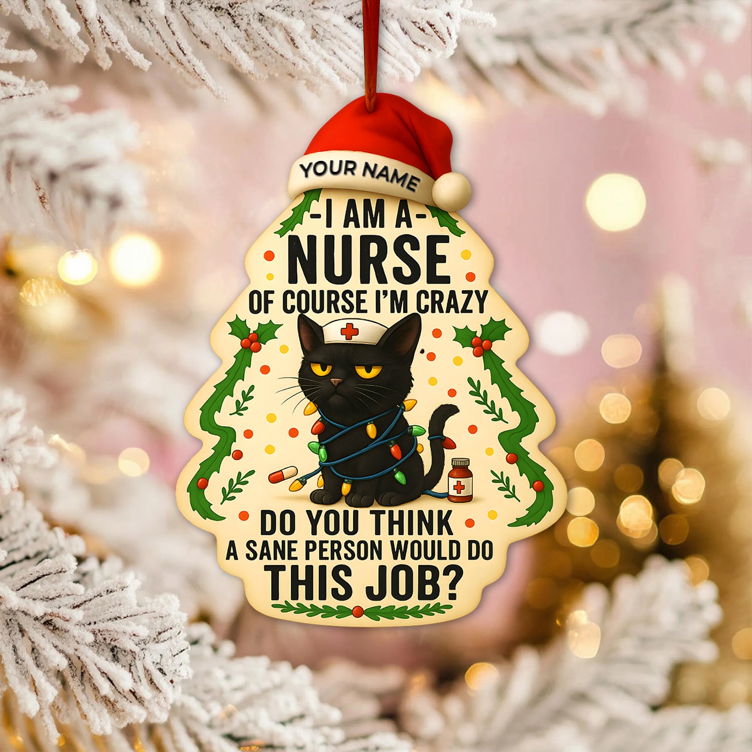 Personalized Nurse Black Cat Christmas Ornament, Holiday Decoration, Custom Name Nurse Gift for CNA RN LPN
