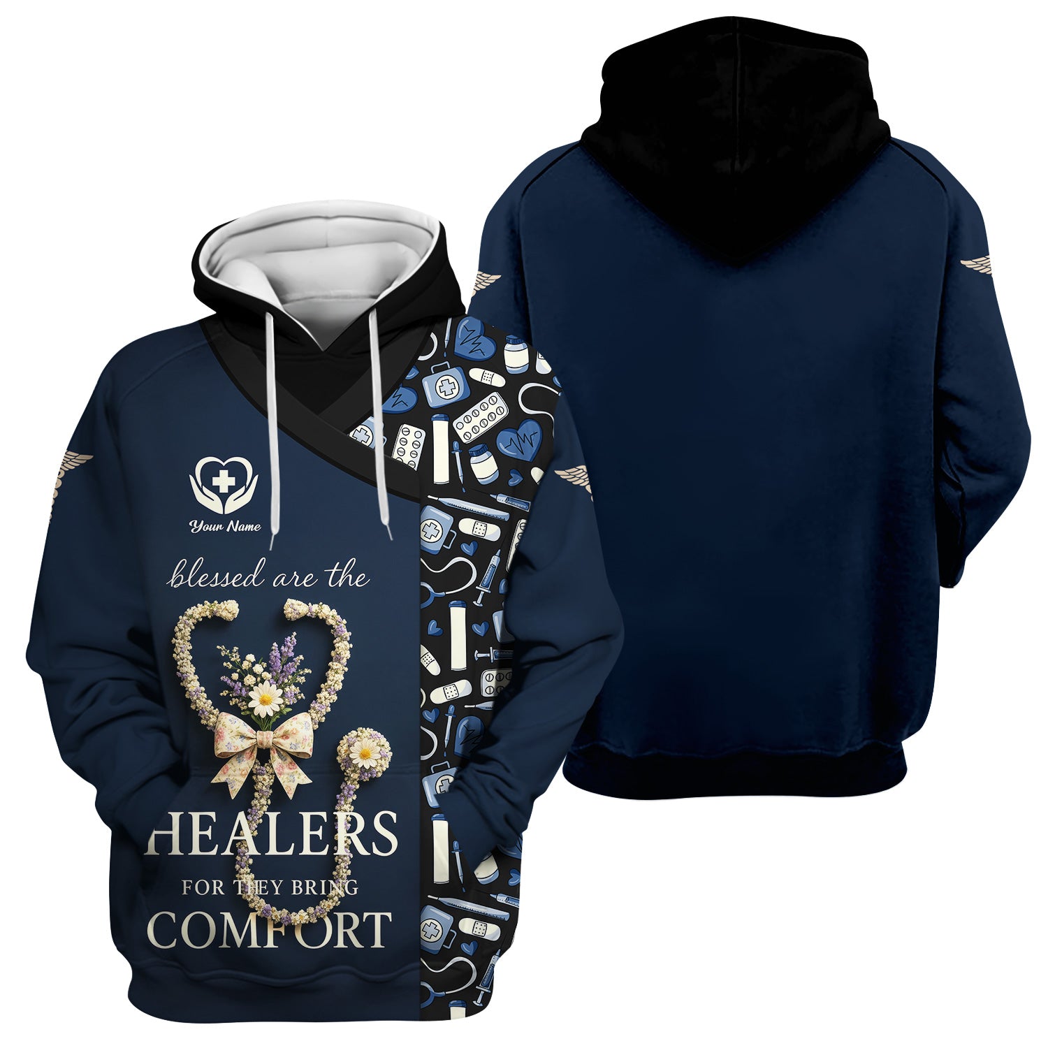 Personalized Blessed Healer Scrubs for Women RN CNA LPN - Floral Heart Stethoscope Design with Inspirational Quote - Custom Name Gift for Healthcare Workers & Nurses