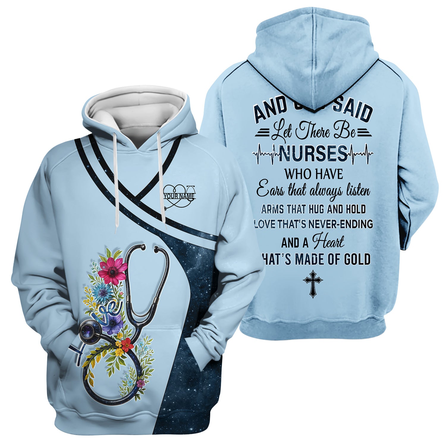 Personalized Religious Nurse Scrub Top - Cross & Heart Quote with Stethoscope Floral Design - Gift for Christian Nurses Medical Workers
