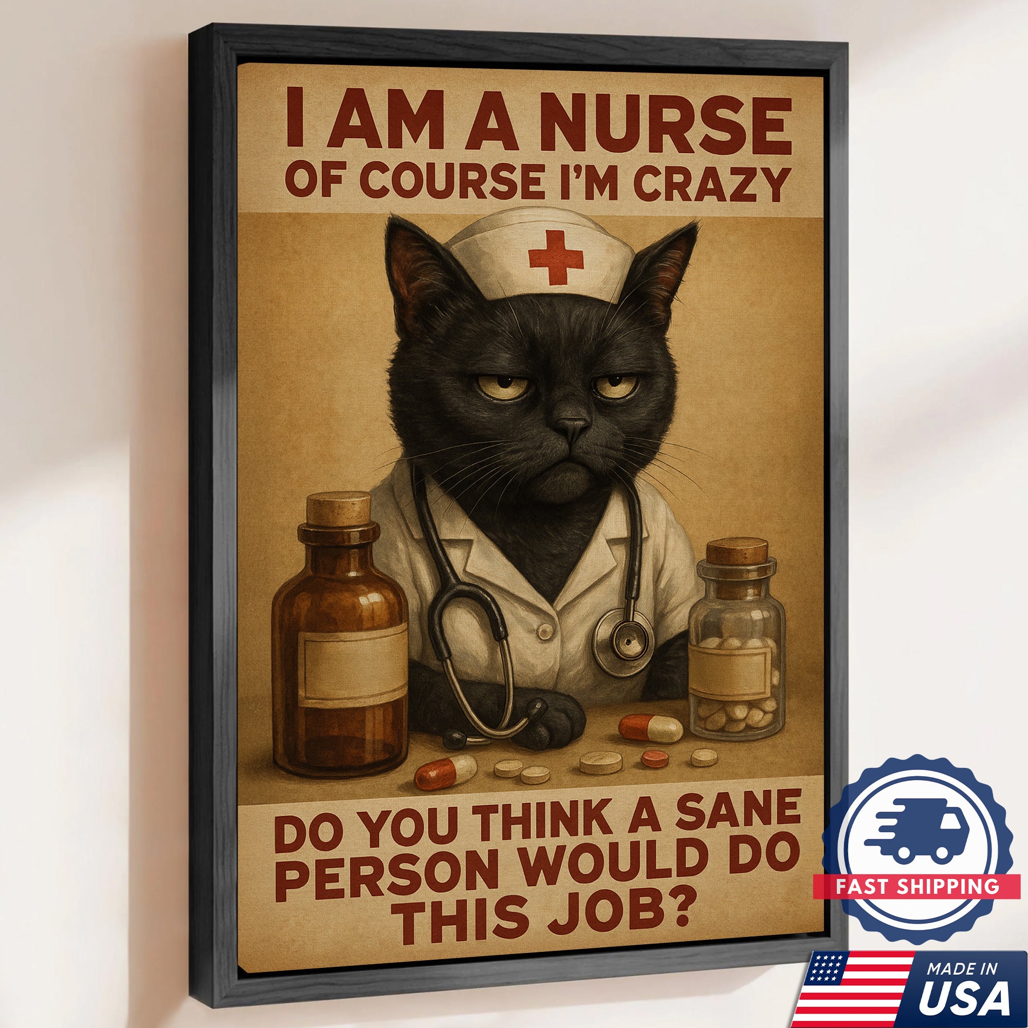 Funny Nurse Cat Wall Art Canvas, I Am a Nurse Of Course I‰Ûªm Crazy, Gift for RN CNA LPN Women