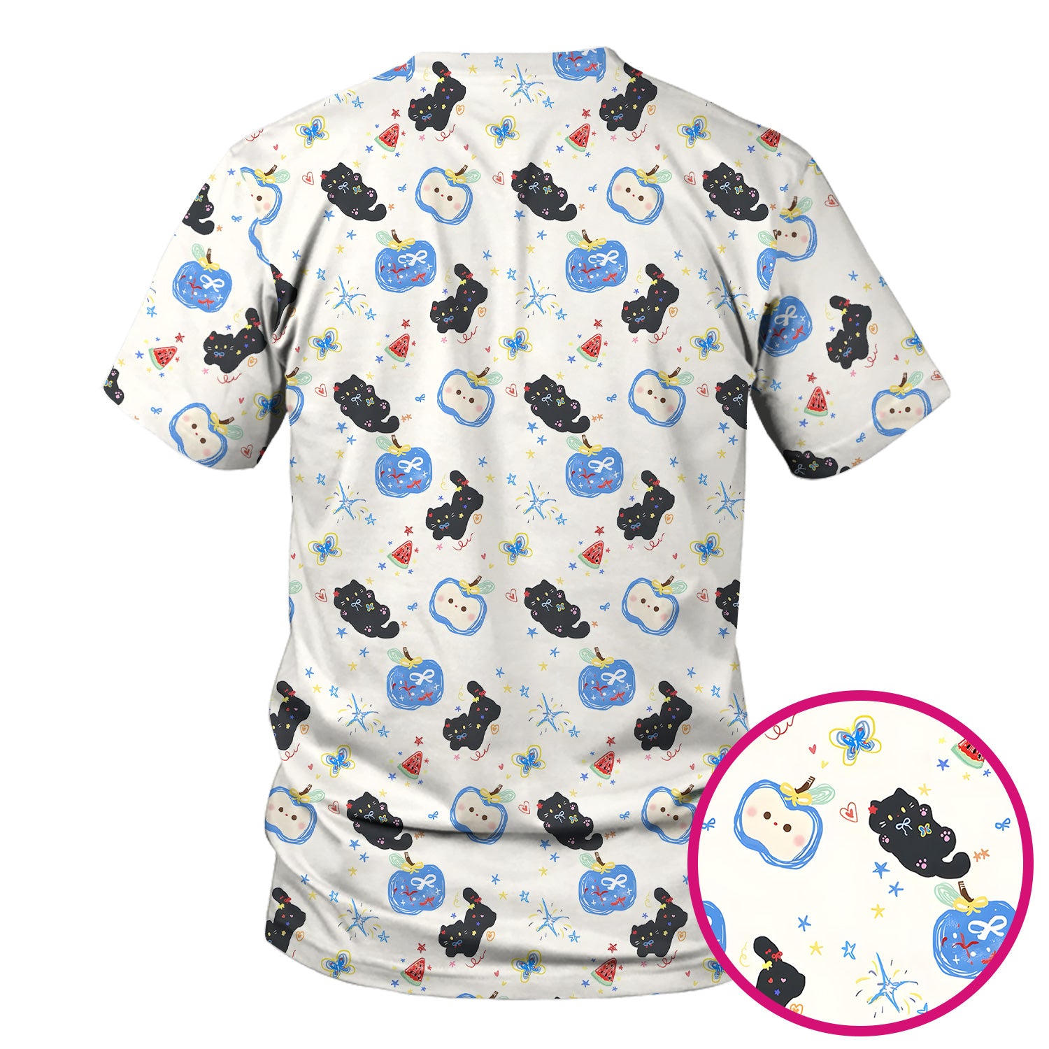 Cute Black Cat and Apple Print V Neck Scrub Top for Nurses