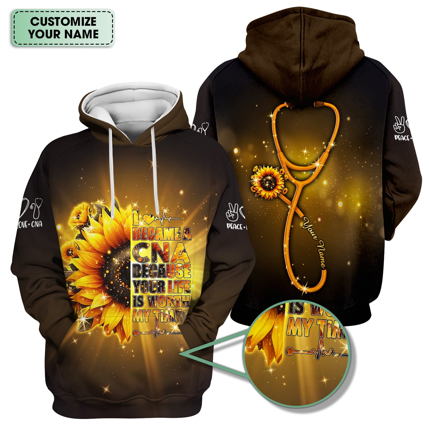 Personalized CNA Sunflower Scrub Top - Your Life Is Worth My Time Design - Gift for RN LPN Healthcare Workers
