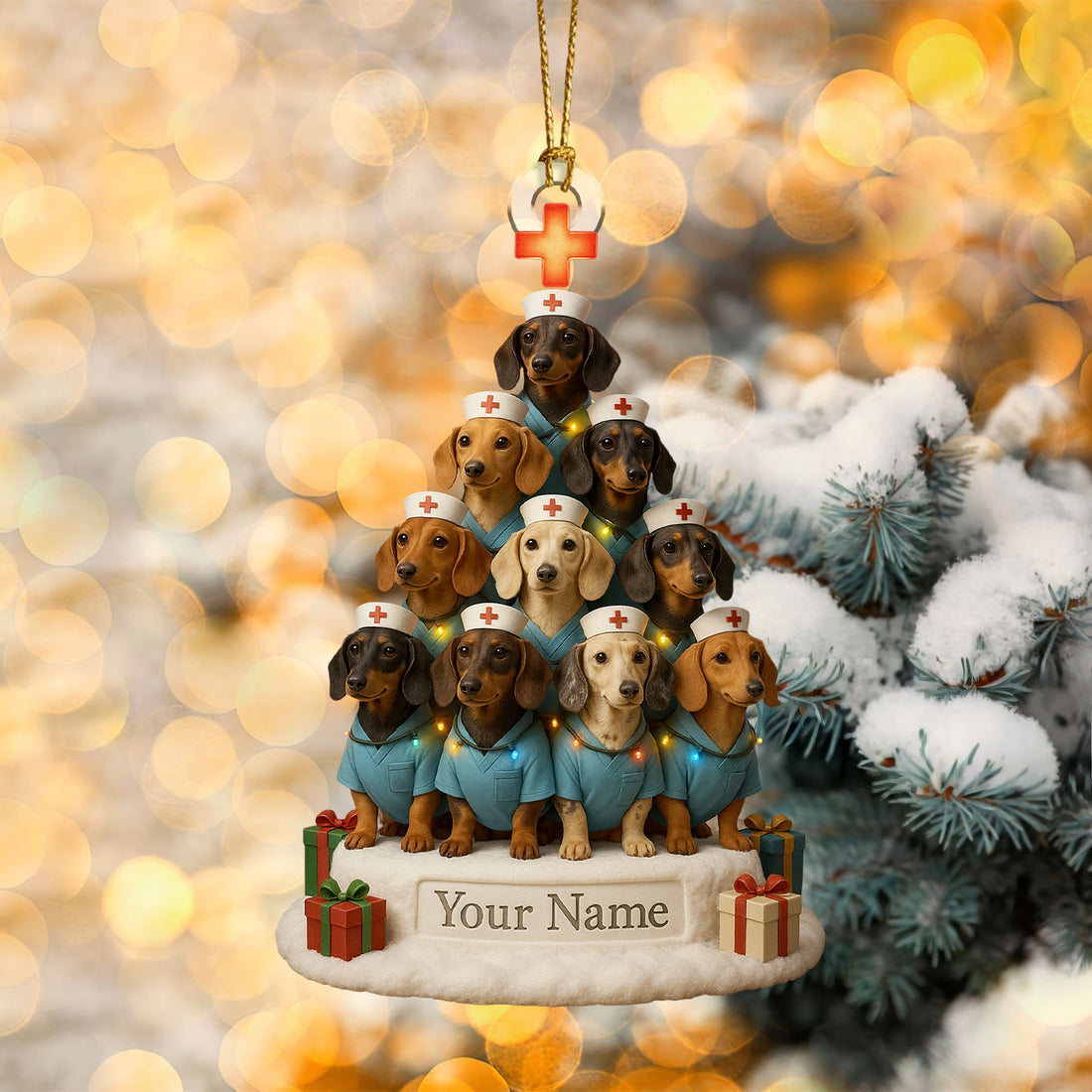 Personalized Dachshund Nurse Christmas Tree Ornament – Custom Name Dog Nurse Holiday Decor – Cute Wiener Dog Scrubs Ornament for Vet Techs & Healthcare Workers