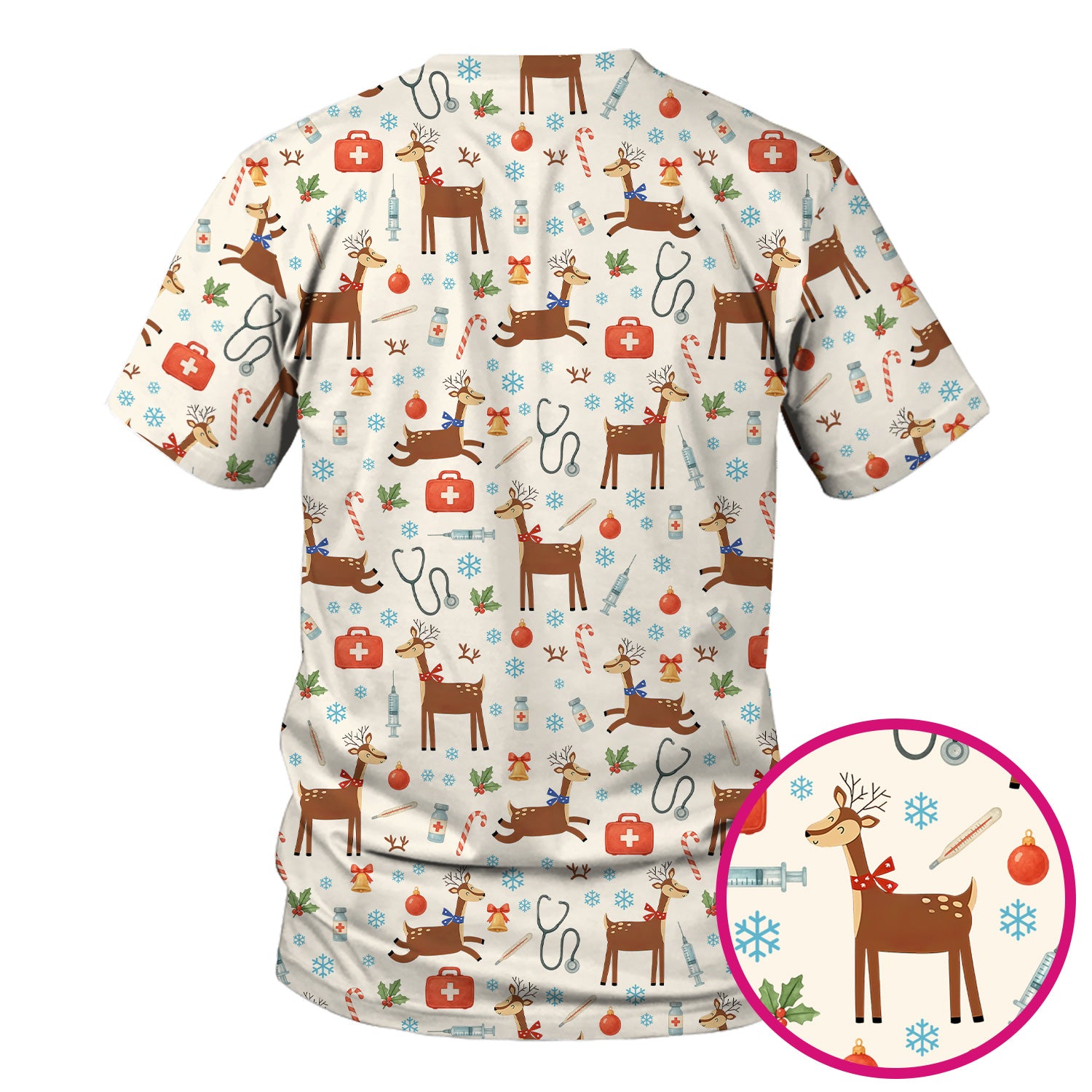 Reindeer Christmas Scrub Top - Snowflakes Candy Canes Holiday Medical Shirt - Xmas Scrubs for Women RN CNA LPN