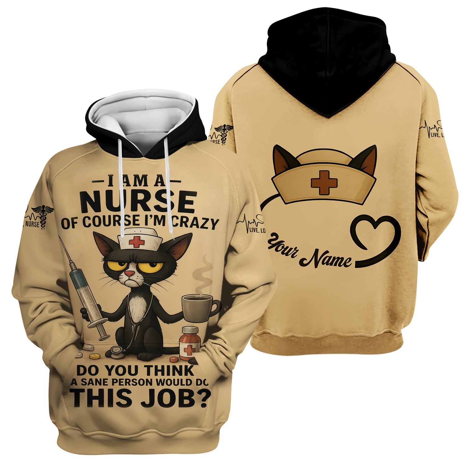 Funny Personalized Nurse Scrub Top - Grumpy Cat Holding Syringe Coffee & Pills - Do You Think A Sane Person Would Do This Job - Custom Gift for RN LPN CNA Women