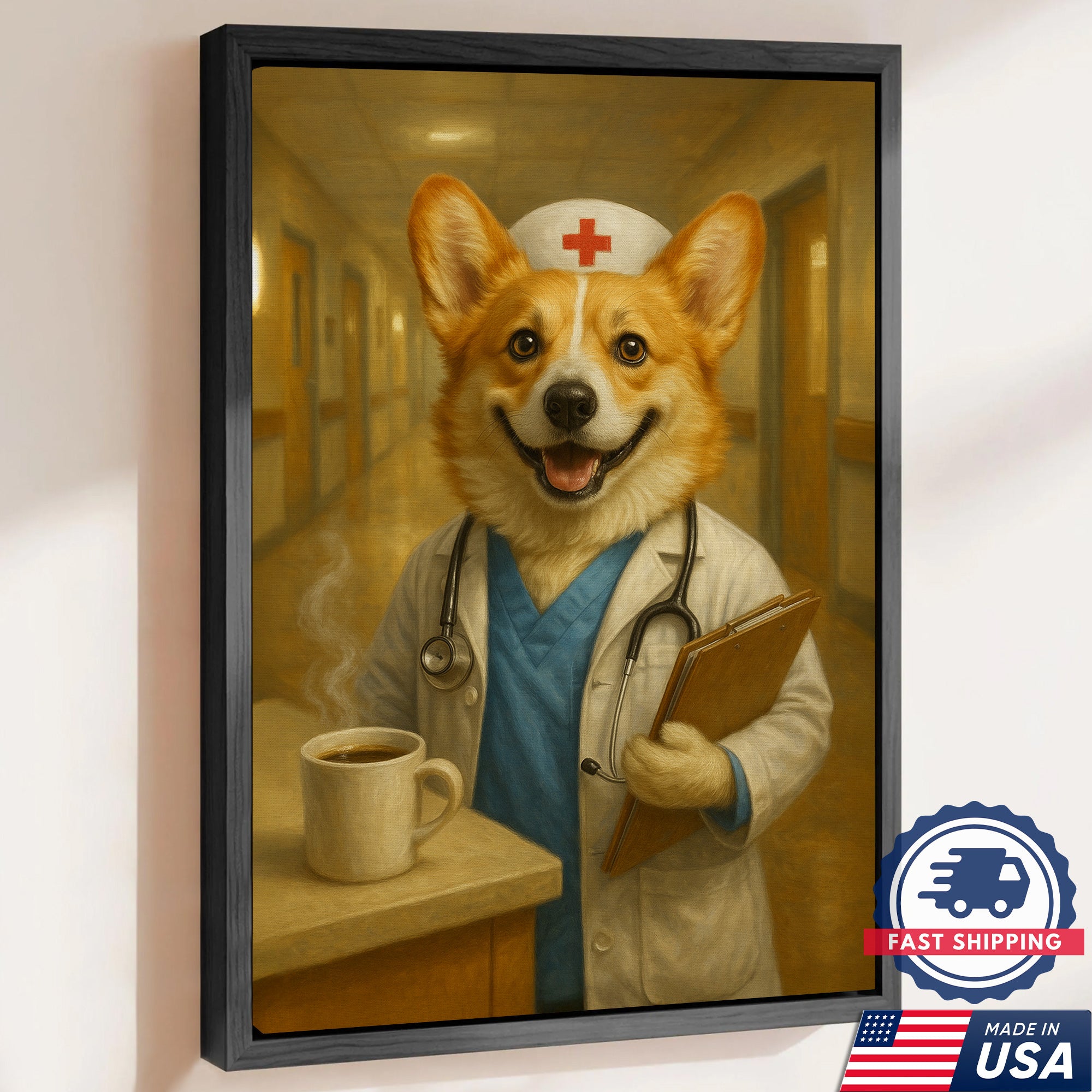 Funny Corgi Nurse Canvas, Cute Nurse Poster Wall Art For Clinic, Nursing Gift For RN, Corgi Nurse Poster
