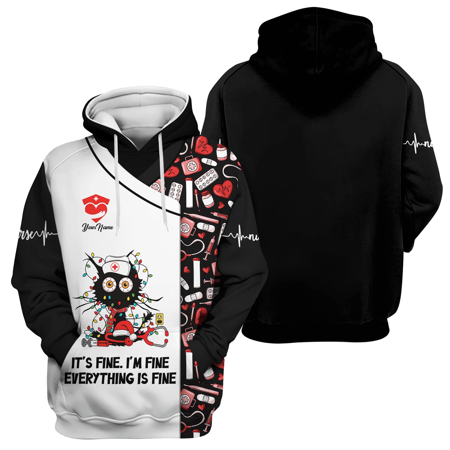 Custom Funny Nurse Christmas Scrub Top - Everything Is Fine Sarcastic Black Cat Design - Holiday Gift for Women RN LPN ER