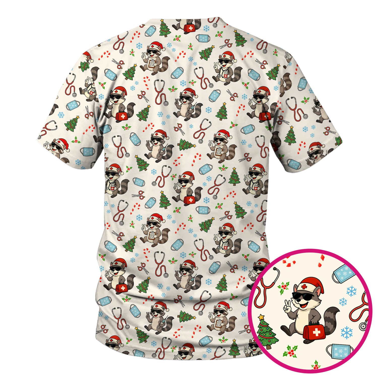 Christmas Scrub Top for Nurses - Funny Raccoon and Medical Tools Pattern - Festive Holiday Nurse Scrubs Shirt Gift for Women RN LPN CNA