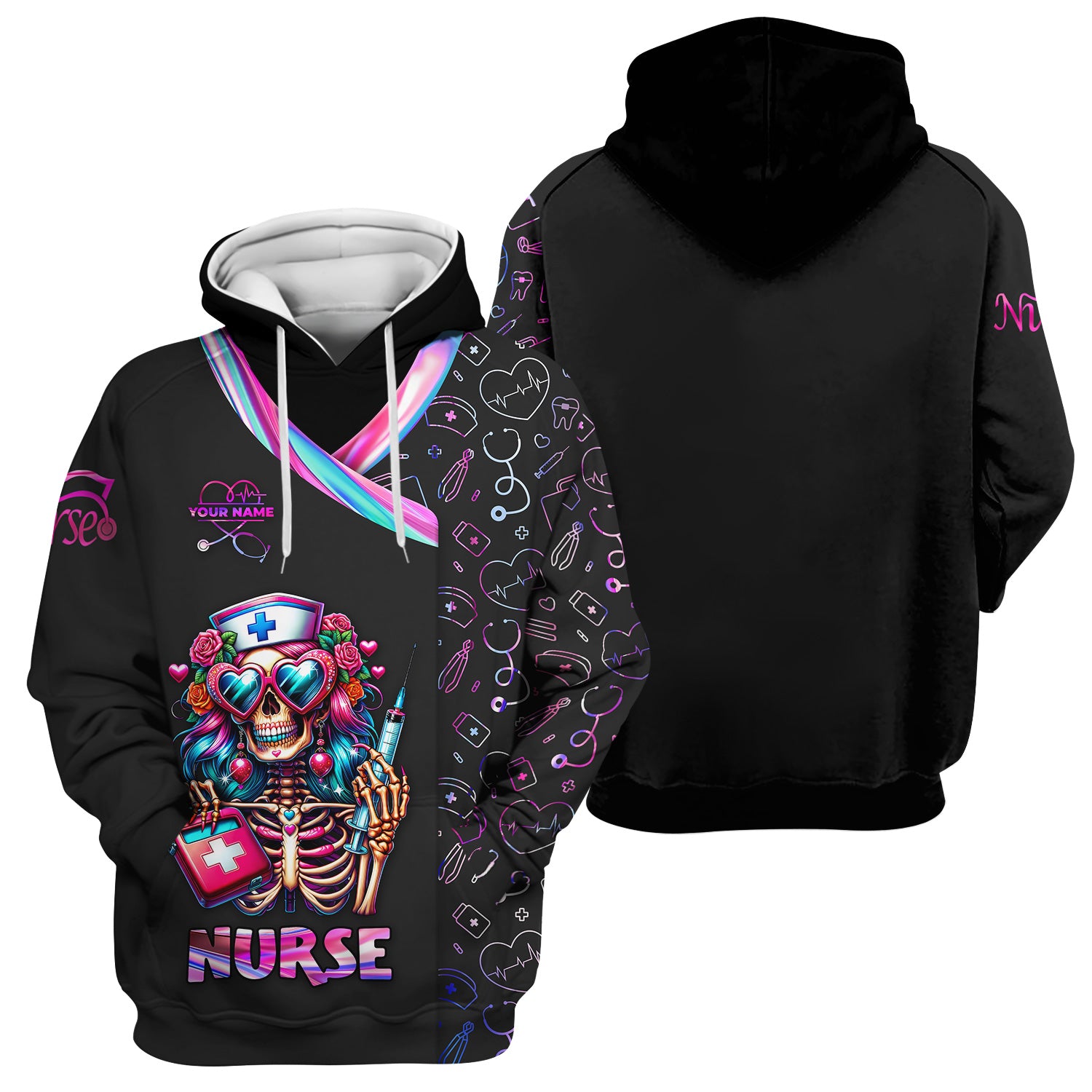 Personalized Funny Skeleton Nurse Scrub Top - Heart Sunglasses & Syringe Design - Custom Name Medical Gift for RN LPN CNA