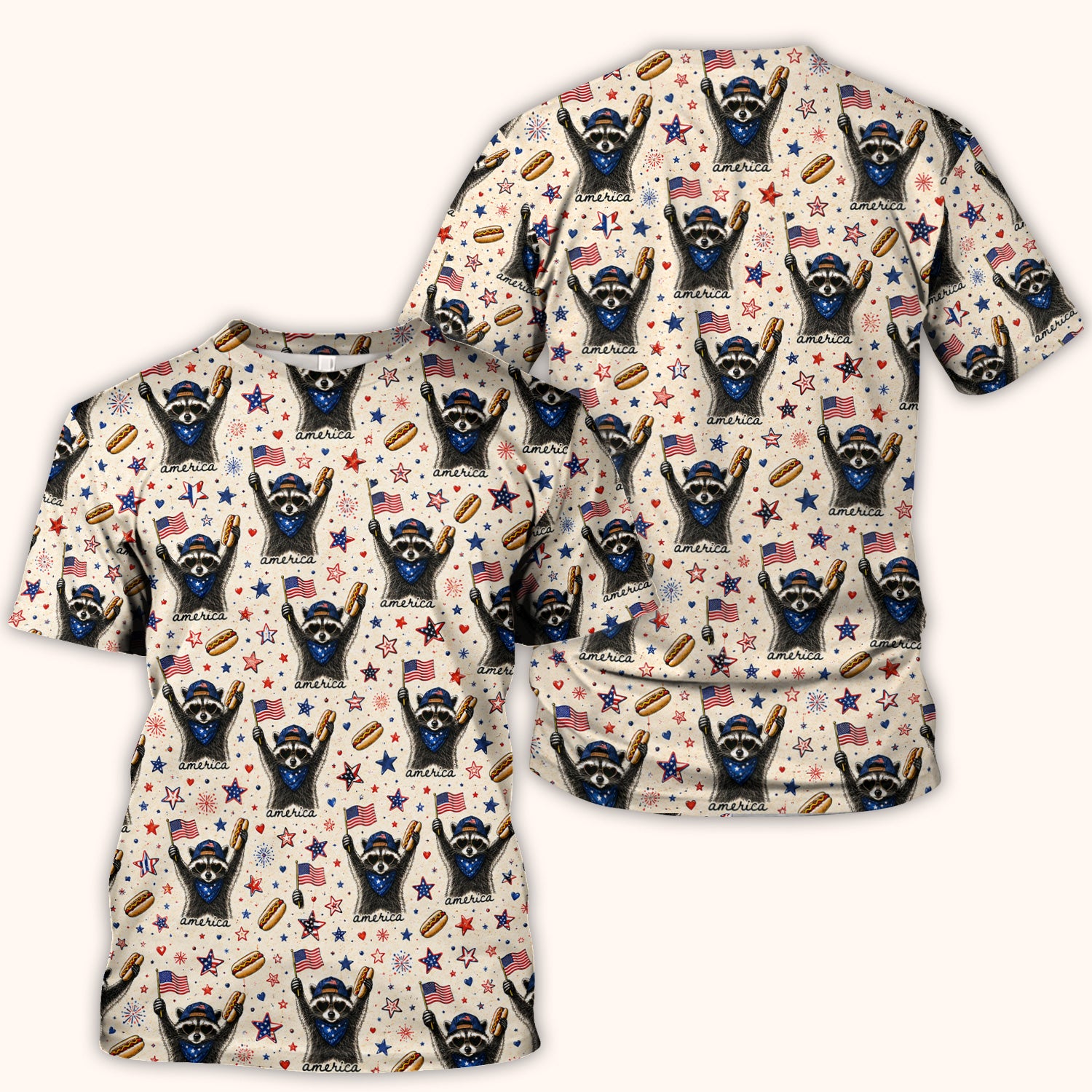 Patriotic Raccoon America Hotdog Pattern Scrub Top, Comfortable Scrubs for Nurses