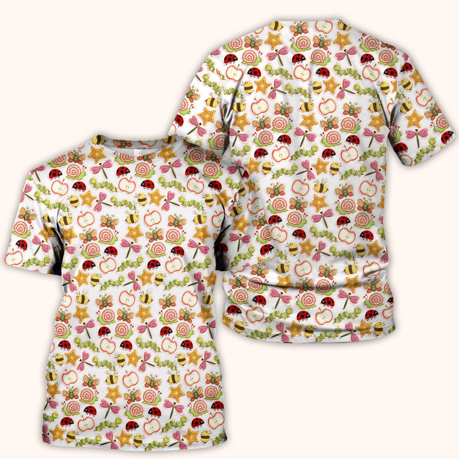 Cute Nurse Snail Ladybug Caterpillar Apple Garden Pattern Scrub Top, Breathable Fabrics Nursing Uniform