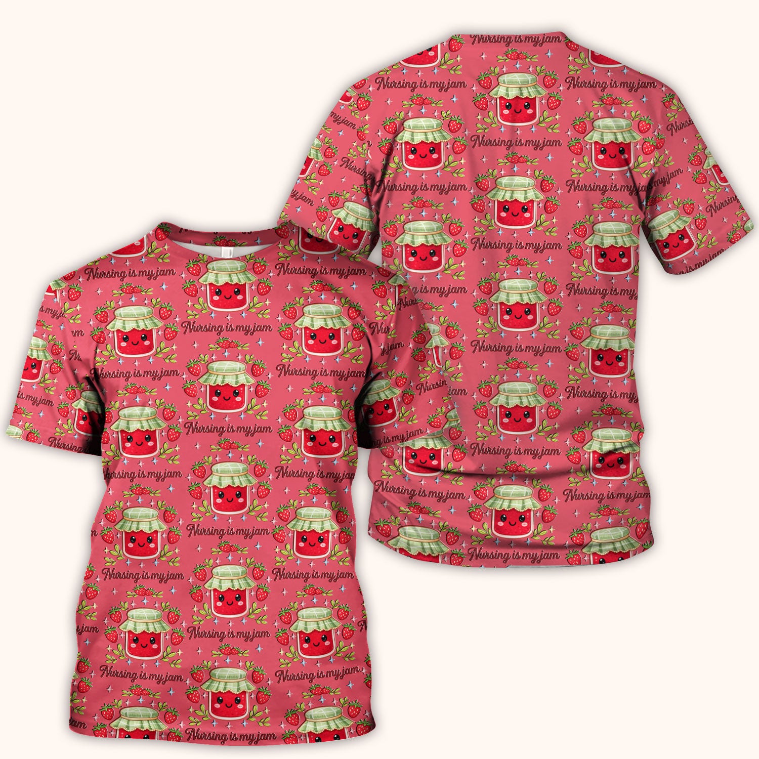 Cute Strawberry Jam Nurse Pattern Scrub Top, Breathable Fabrics Nursing Uniform