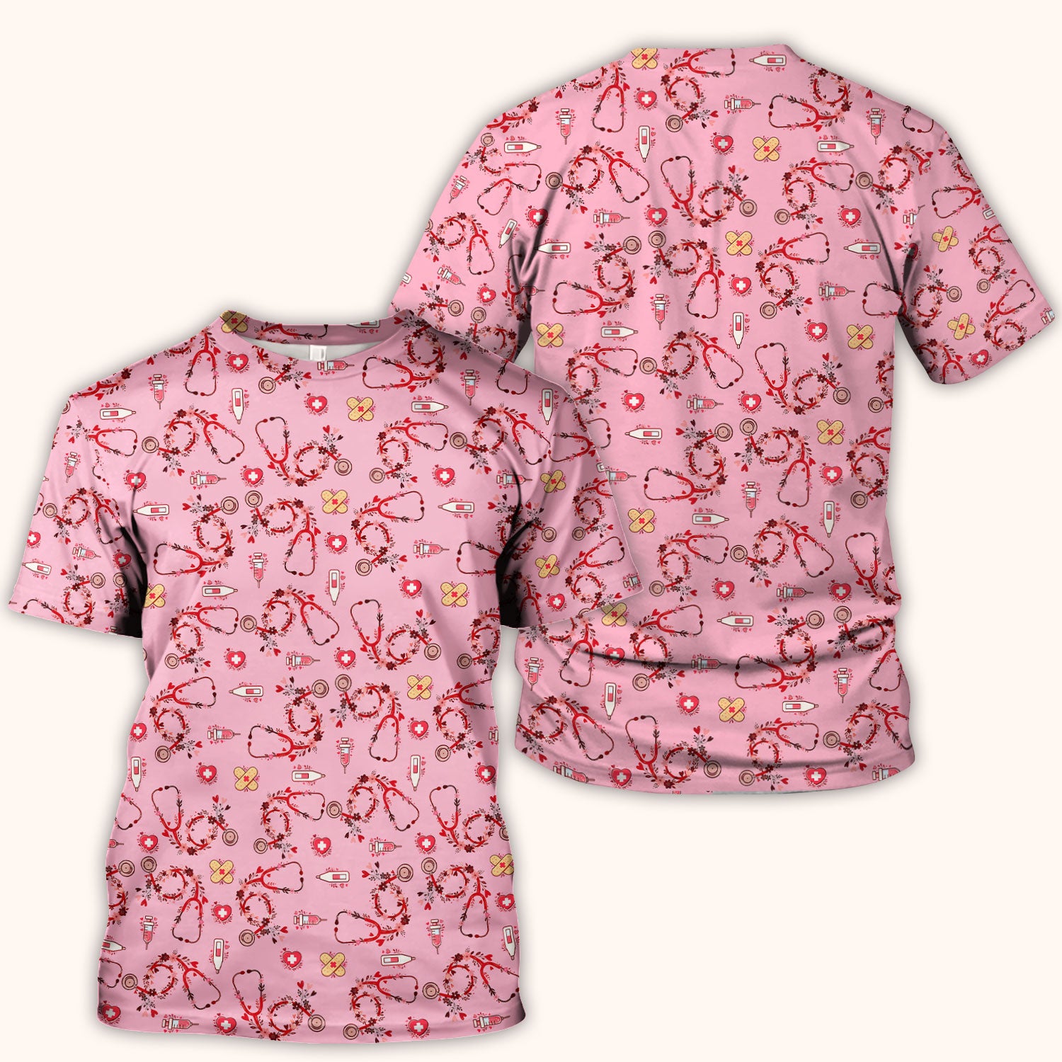 Heart Stethoscope Medical Pattern Scrub Top, Breathable Fabrics Nursing Uniform