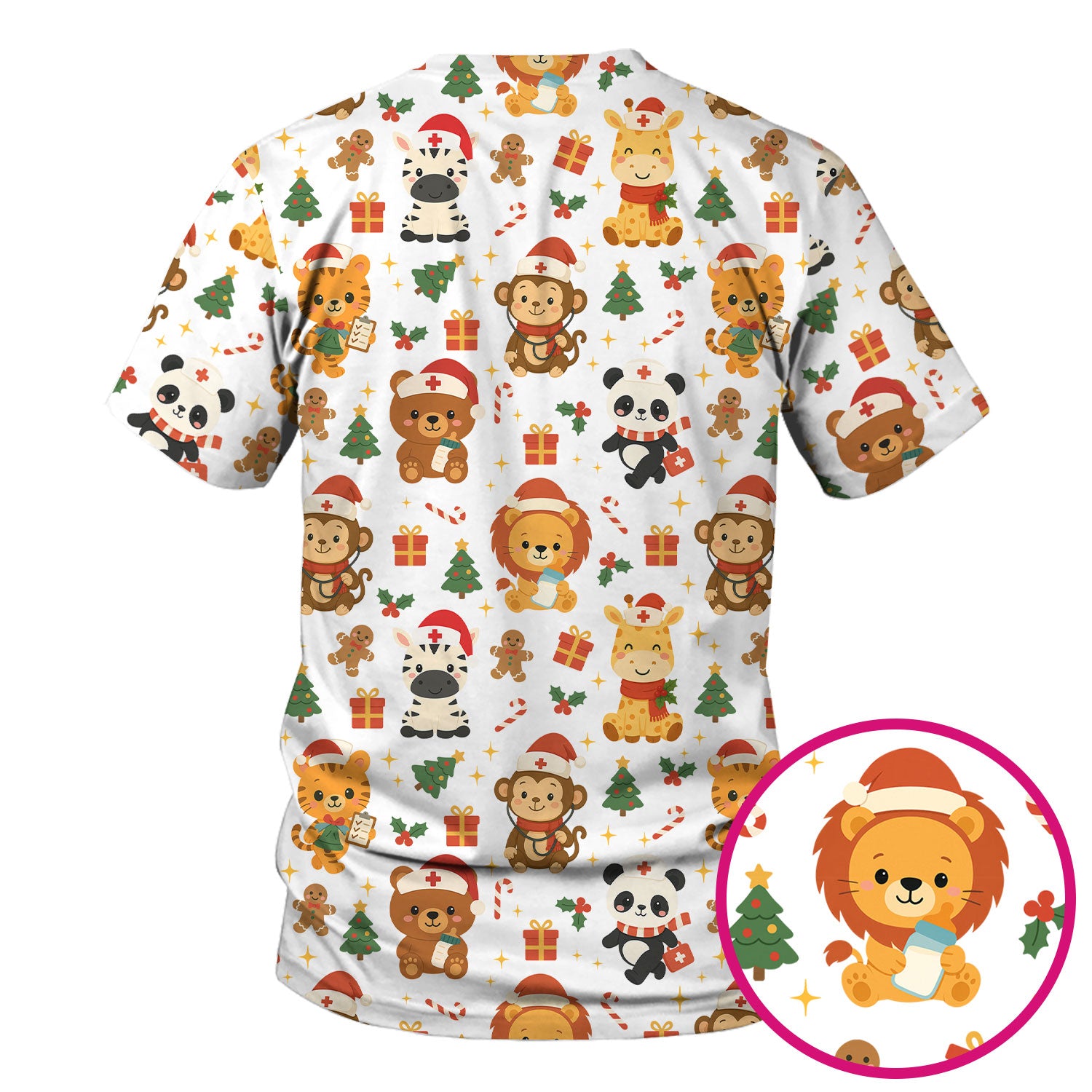 Funny Christmas Nurse Scrub Top - Adorable Safari Animal Pattern - Cute Festive Gift for Women RN LPN CNA