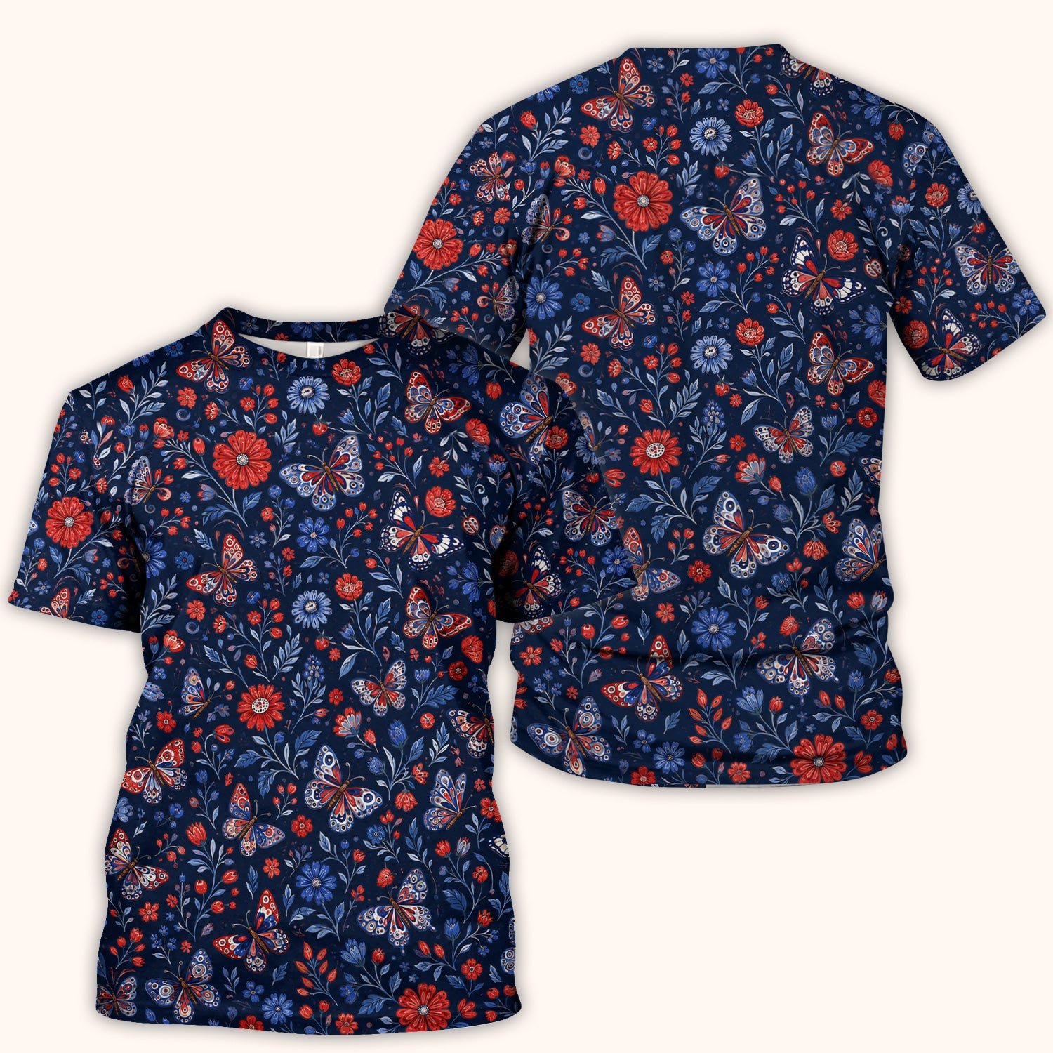 Patriotic Floral Butterfly Pattern Scrub Top, Comfortable Scrubs for Nurses