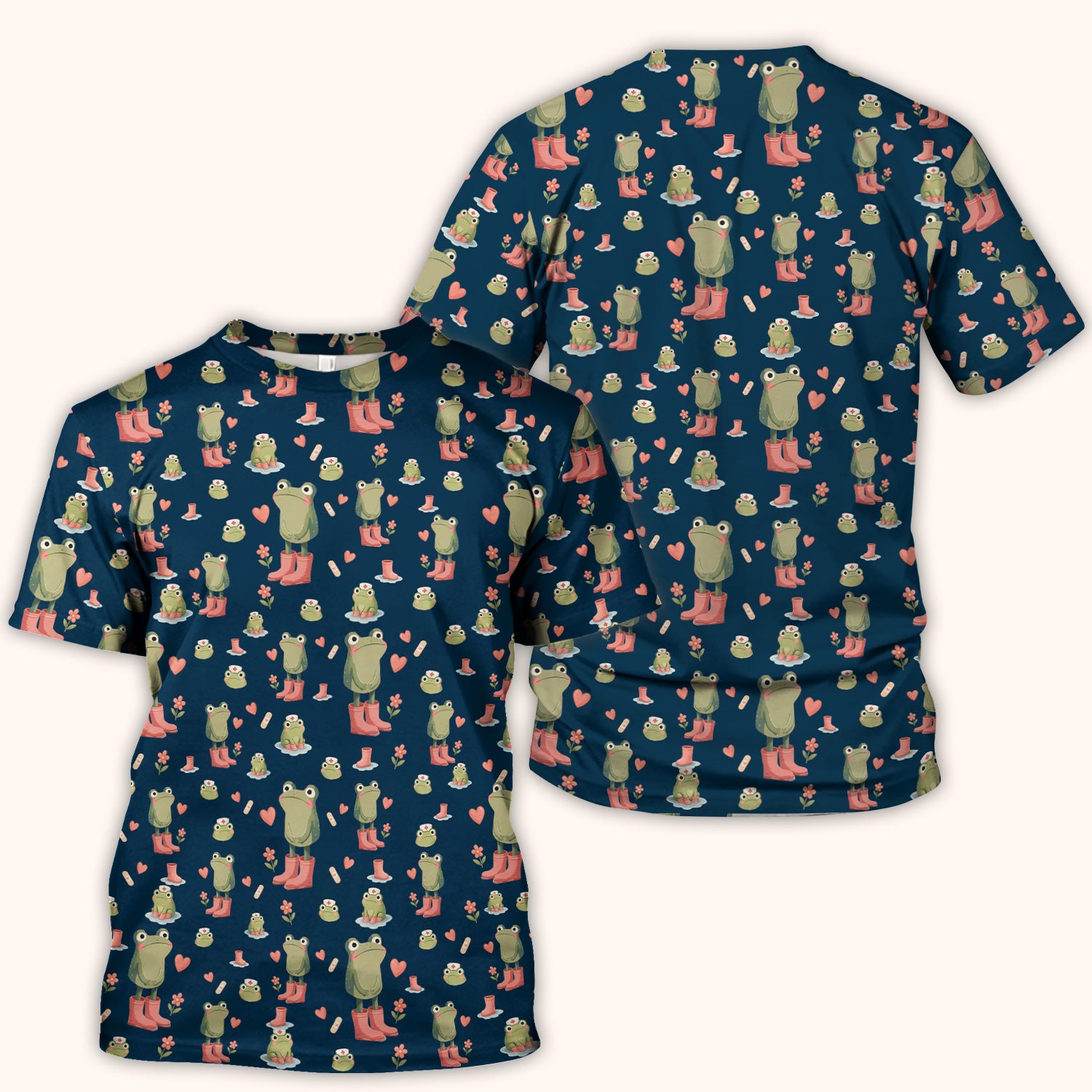 Adorable Frog Boots Heart Pattern Scrub Top, Comfortable Scrubs for Nurses