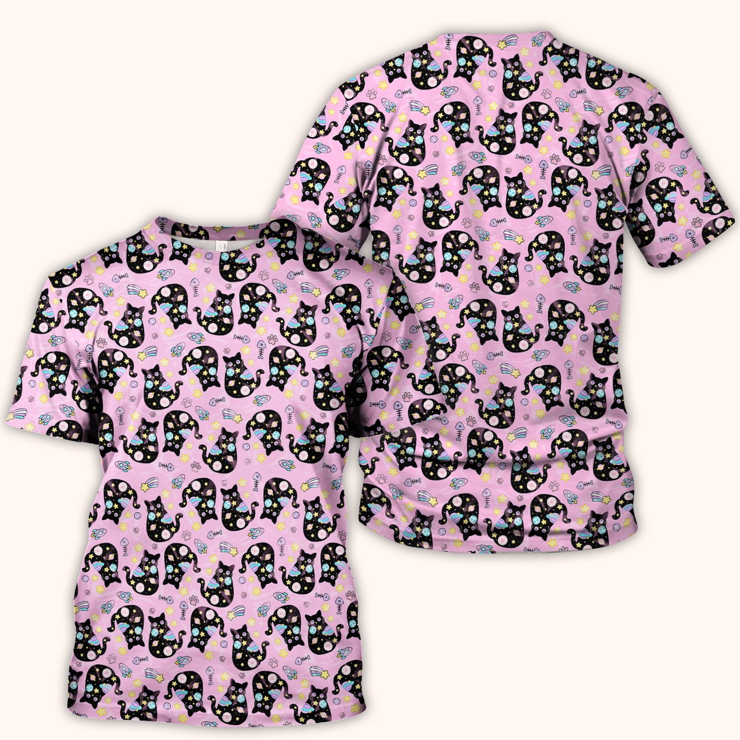 Galaxy Black Cat Space Pattern Scrub Top, Breathable Fabrics Nursing Uniform