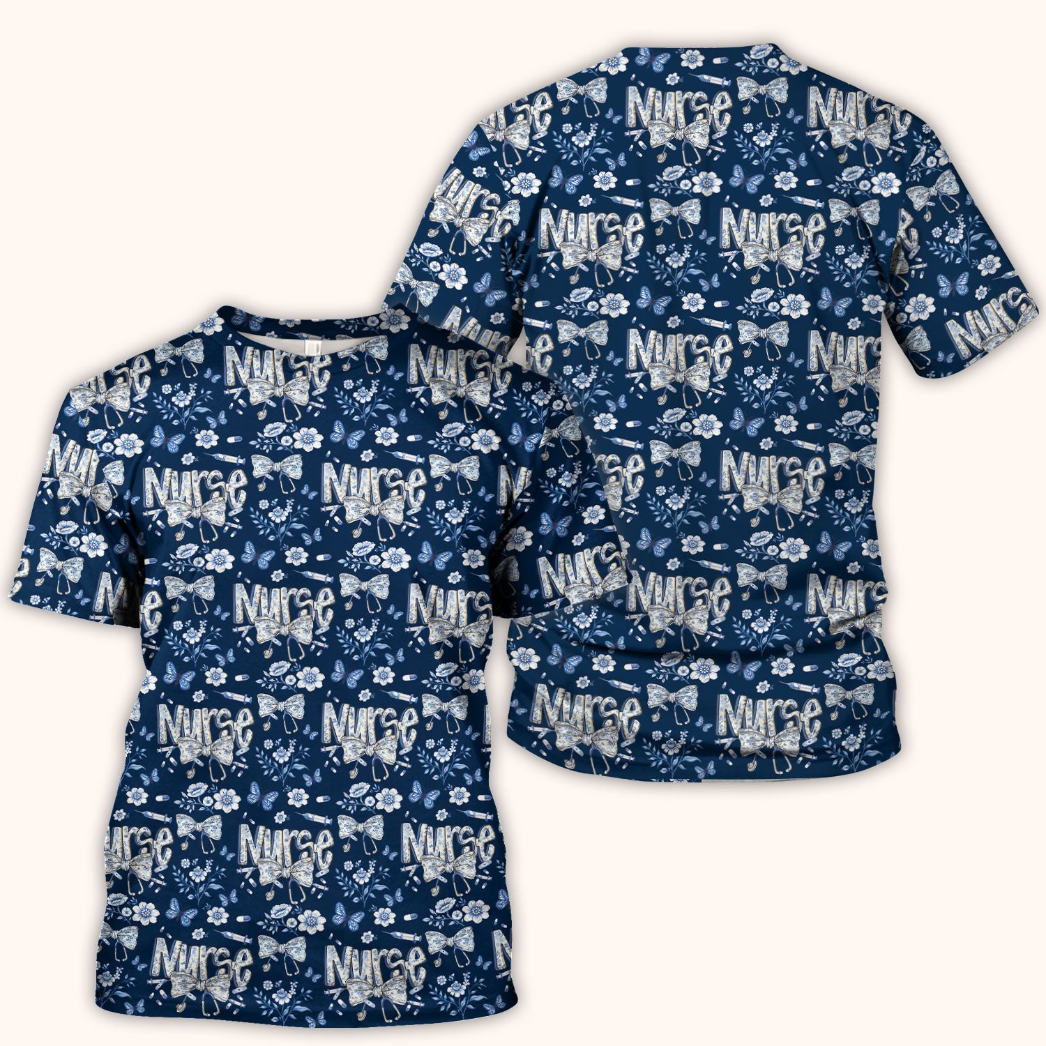 Blue Nurse Letter Bow Butterfly Floral Print Scrub Top, Comfortable Scrubs for Nurses