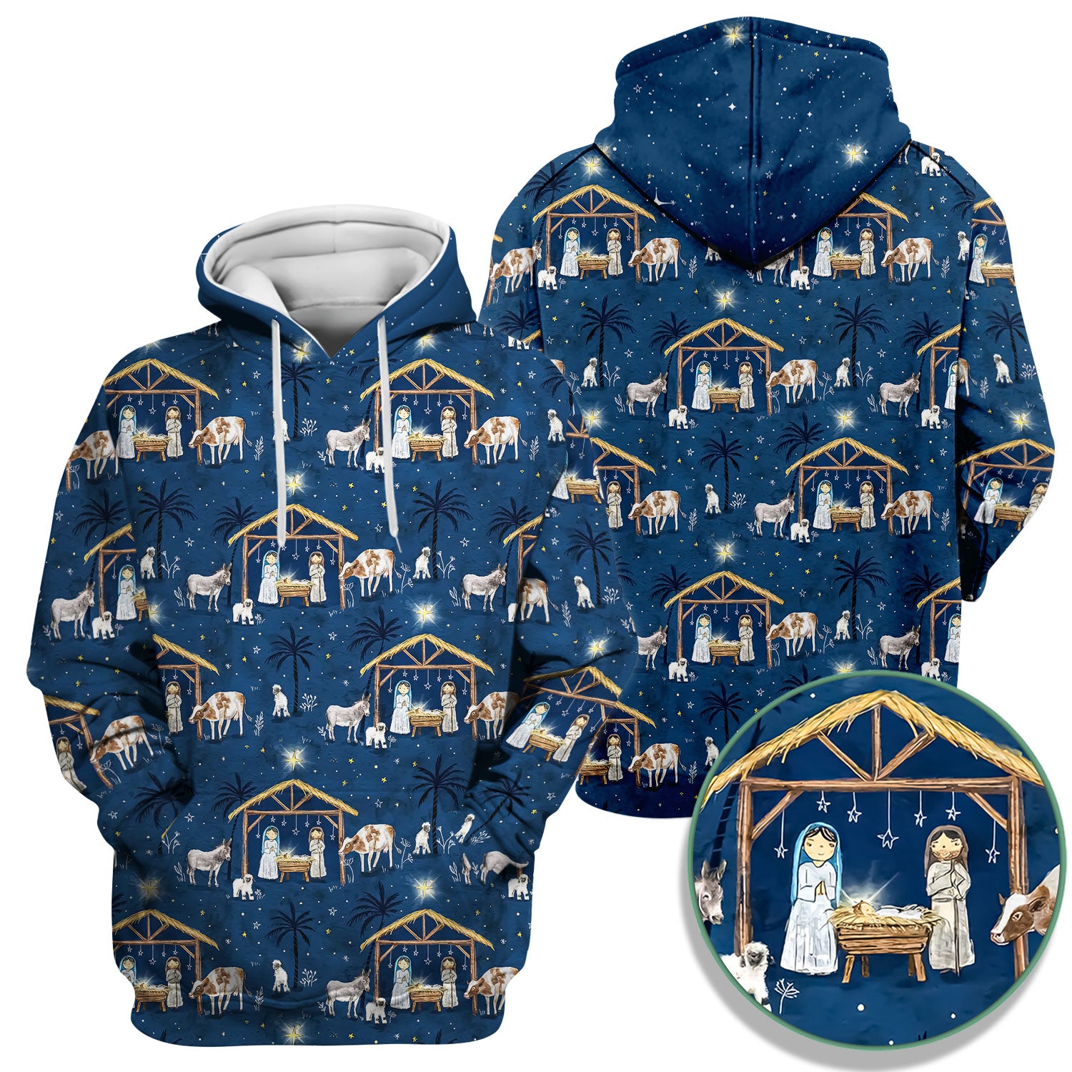 Christmas Nativity Scrub Top for Women - Holy Night Manger Scene - Religious Holiday Nursing Uniform Shirt