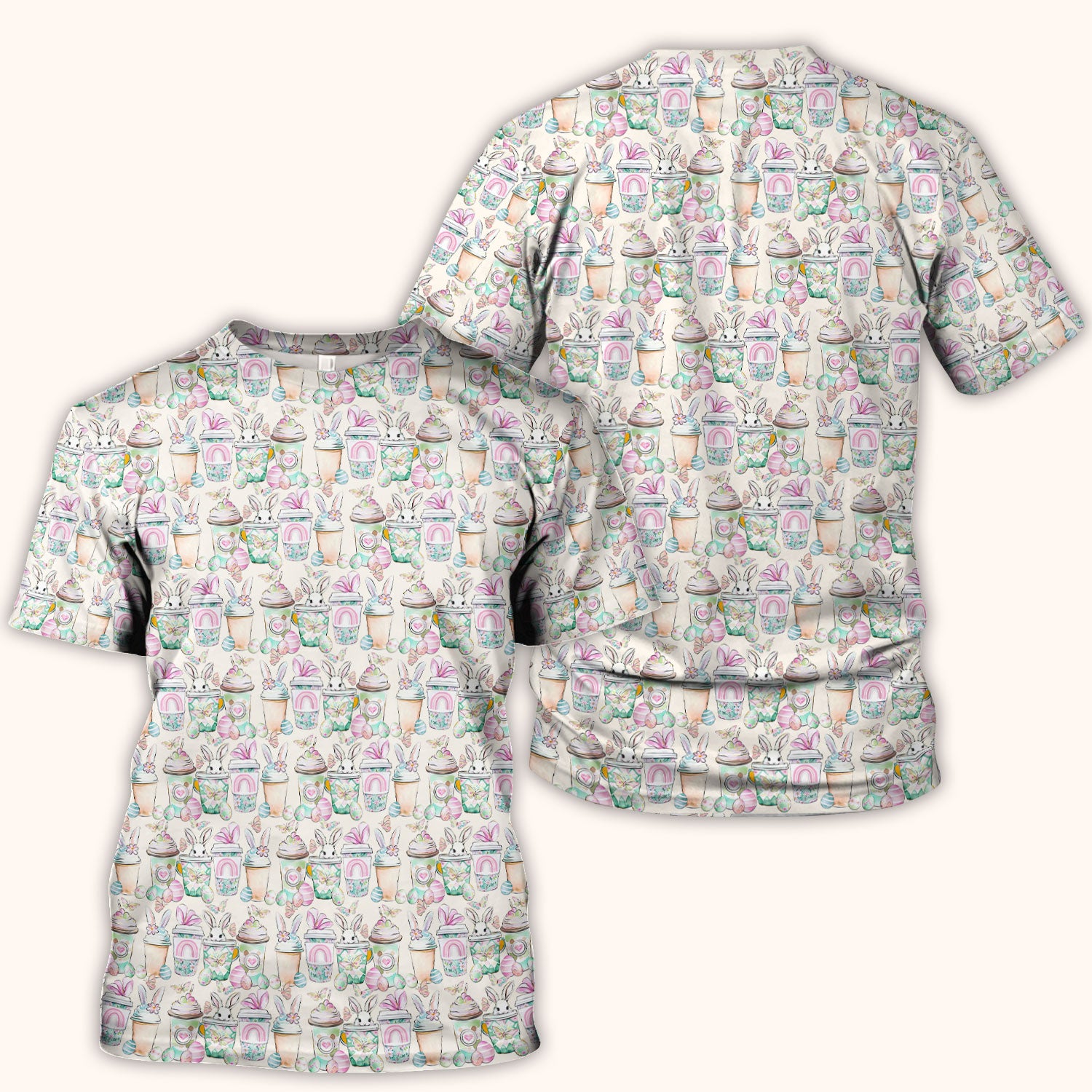 Cute Easter Bunny Coffee Cup Pattern Scrub Top, Comfortable Scrubs for Nurses