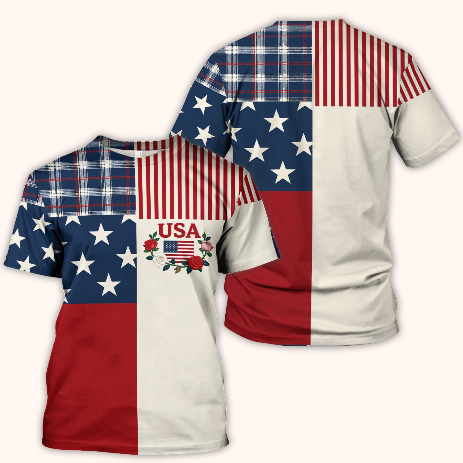 USA Flag Rose Patchwork Pattern Scrub Top, Comfortable Scrubs for Nurses
