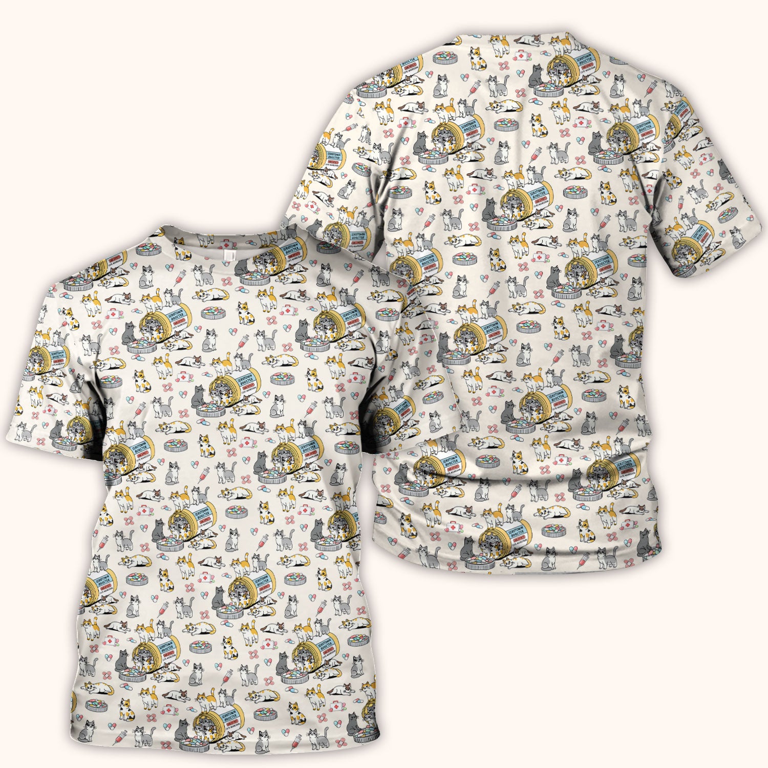 Cute Cat Serotonin Booster Pattern Scrub Top, Comfortable Scrubs for Nurses