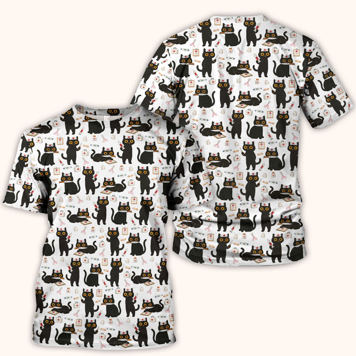 Cute Black Cat Nurse Pattern Scrub Top, Comfortable Scrubs for Nurses