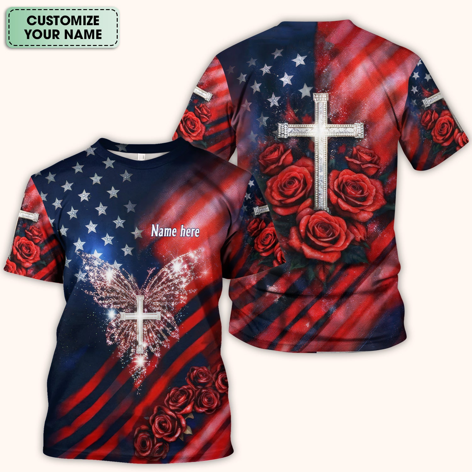 Custom Name Patriotic Cross Butterfly Rose Print Scrub Top, Comfortable Scrubs for Nurses