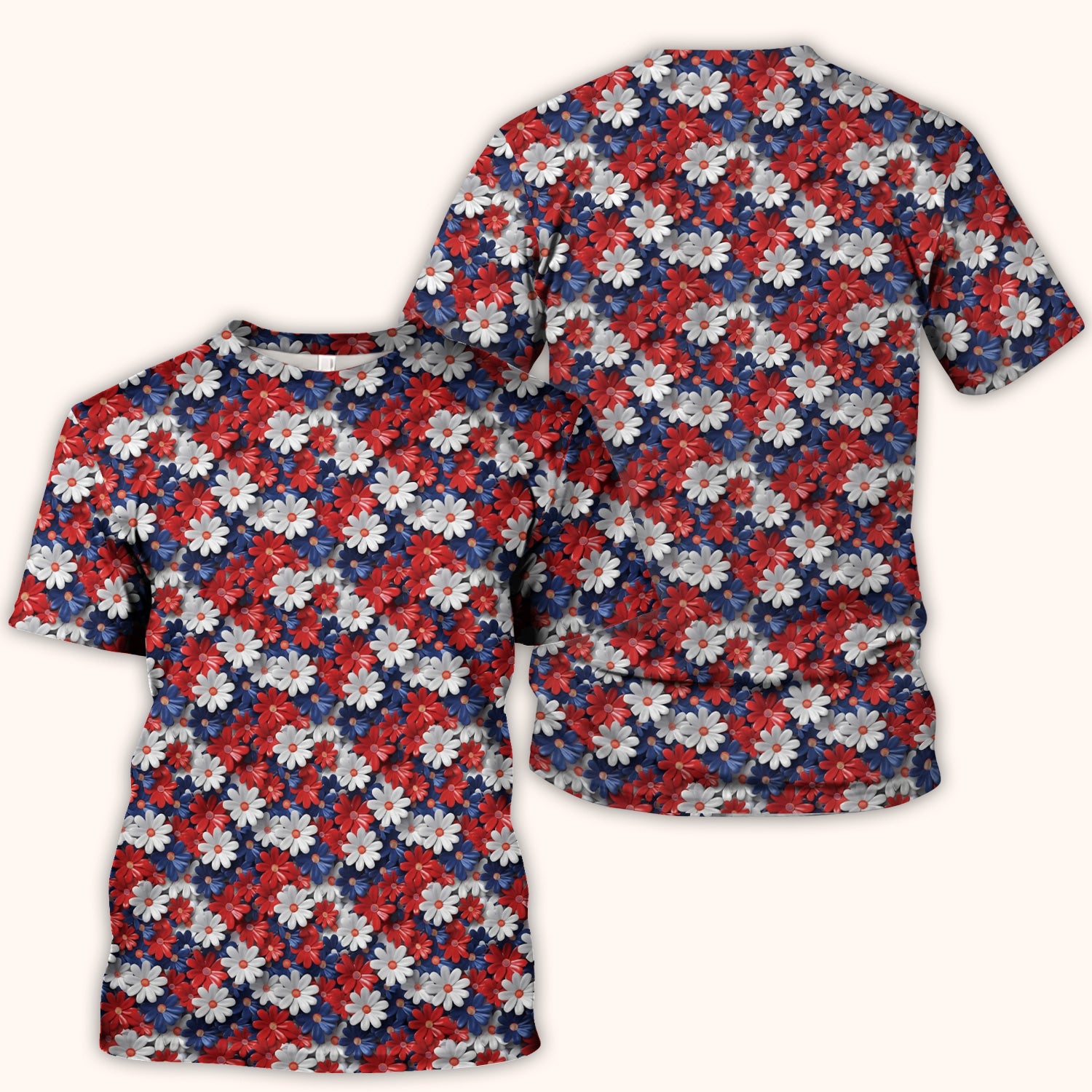 Festive Patriotic Daisy Bloom Pattern Scrub Top, Comfortable Scrubs for Nurses