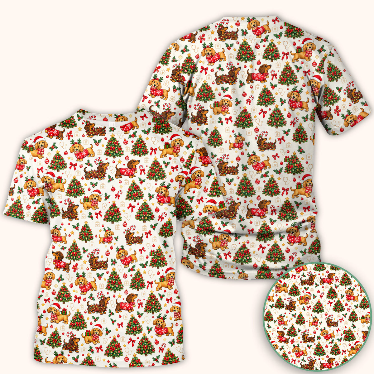 Cute Christmas Dachshund And Tree Pattern Scrub Top, Comfortable Scrubs for Nurses