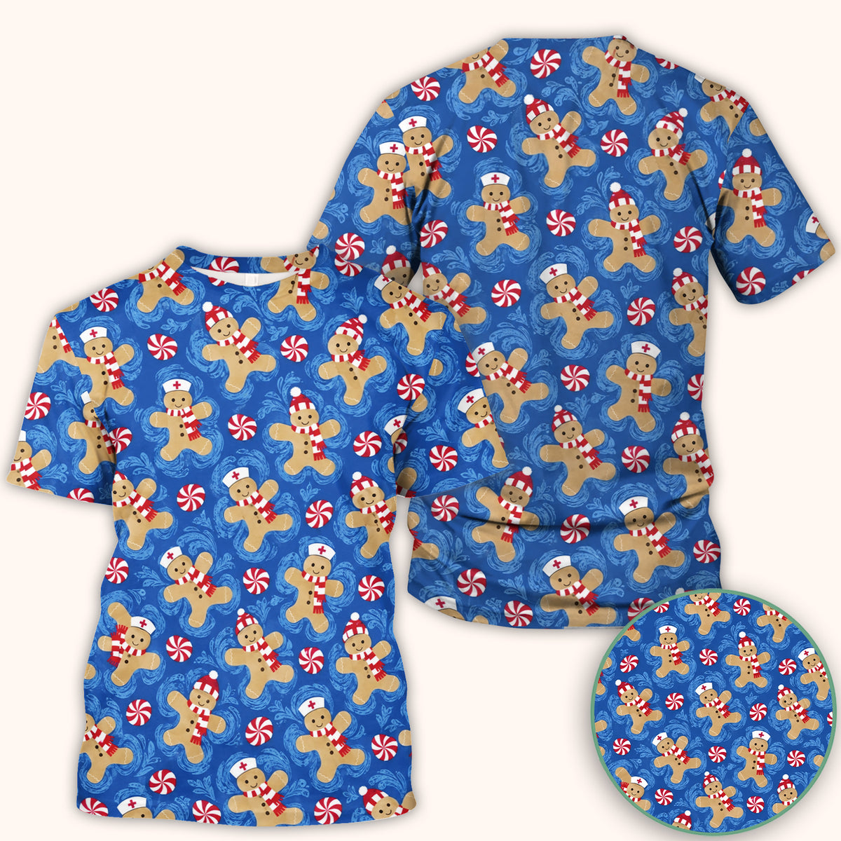 Christmas Gingerbread Nurses & Peppermint Pattern Scrub Top, Comfortable Scrubs for Nurses