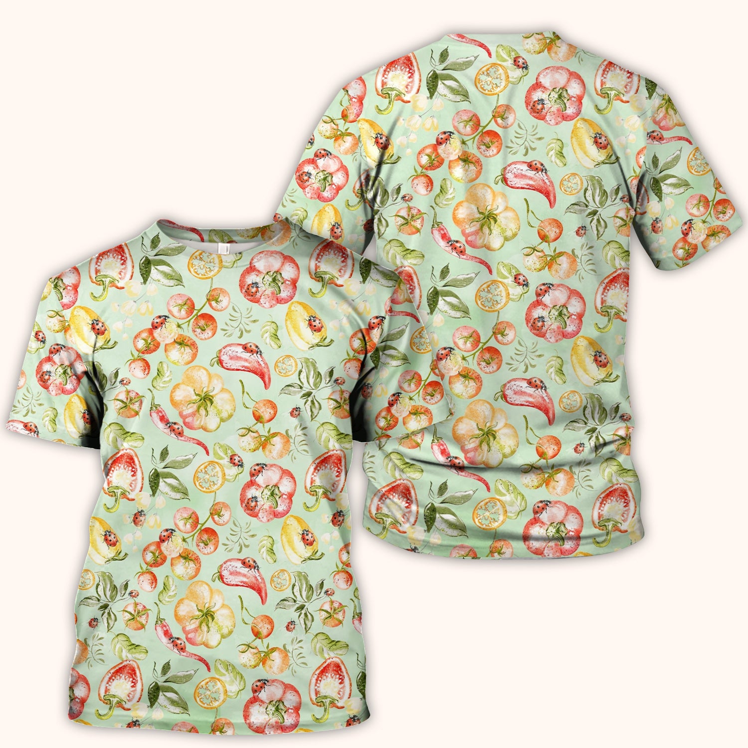 Cute Watercolor Veggie Ladybug Pattern Scrub Top, Comfortable Scrubs for Nurses
