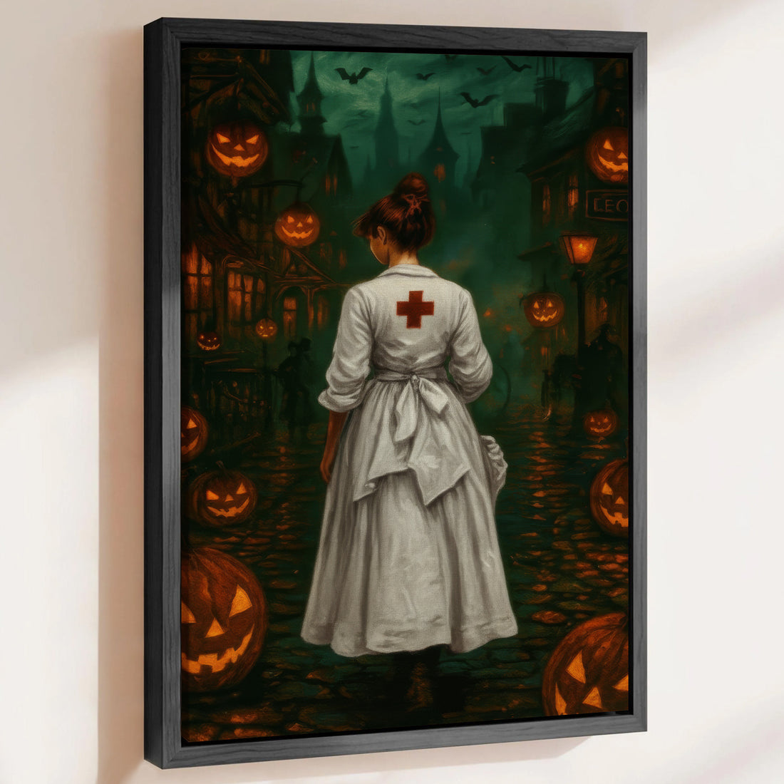 Creepy Vintage Nurse Canvas for Halloween, Haunted Street & Glowing Pumpkin, RN LPN CNA Gift