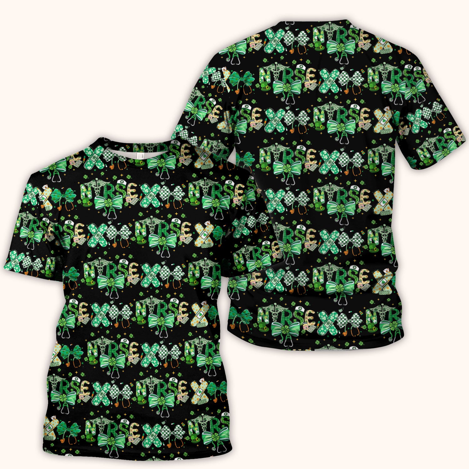 St. Patrick’s Nurse Scrub Top, Lucky Clover And Green Bow Pattern Nurse Shirt, Breathable Fabrics Nursing Uniform